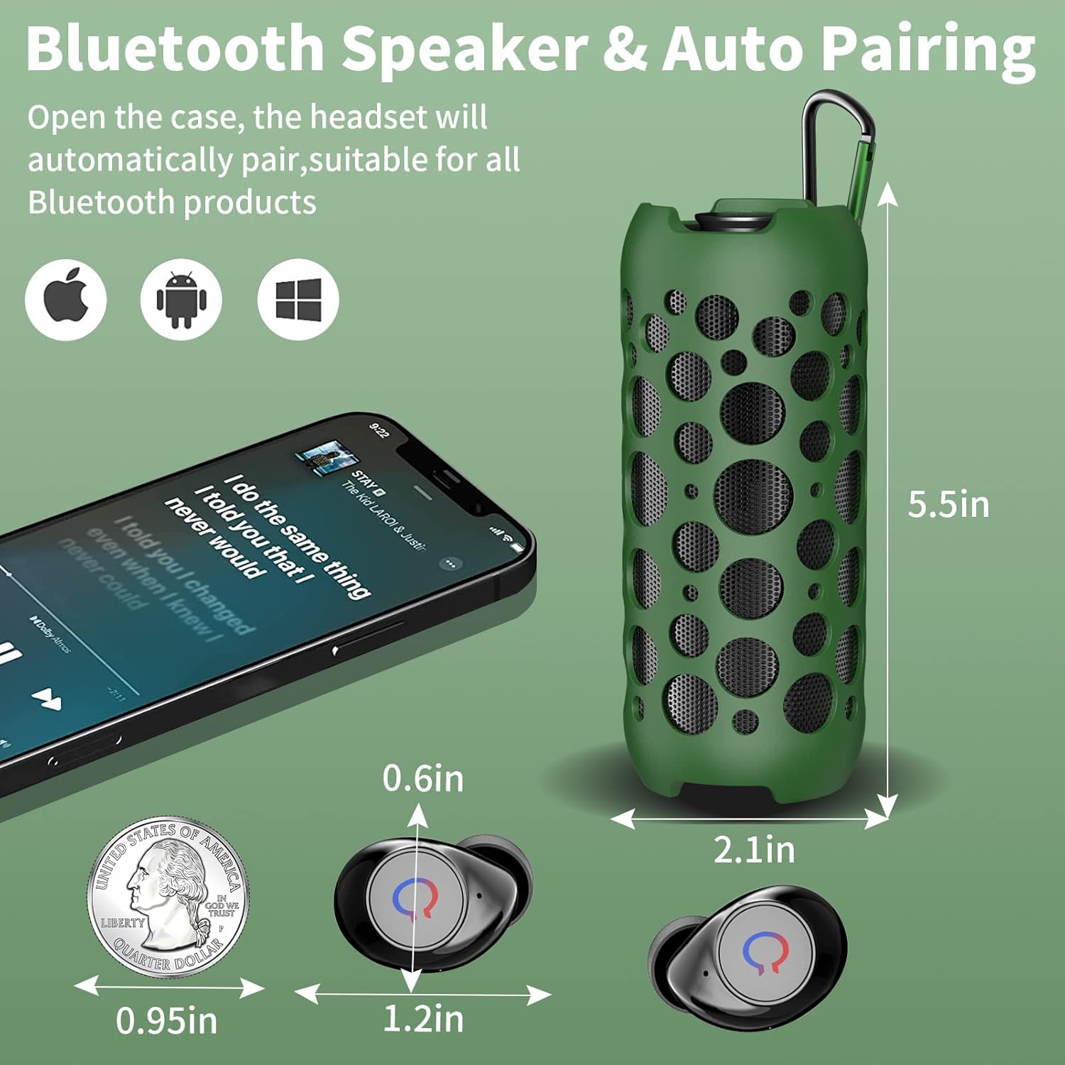 Diagram illustrating KINGSTAR K045 Bluetooth speaker and earbuds auto-pairing with a smartphone