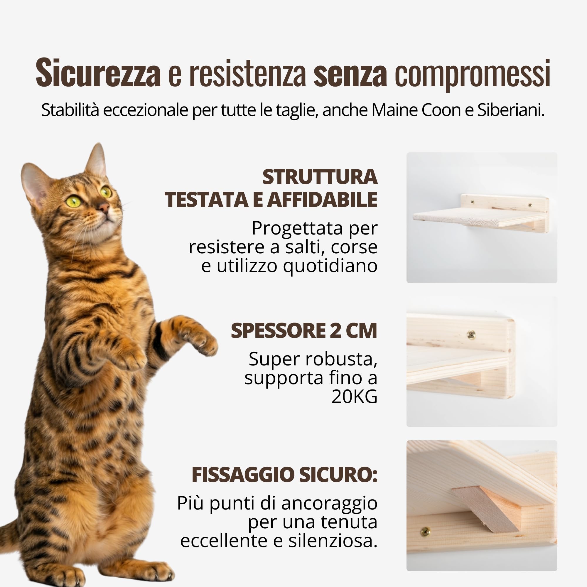 Mensole per Gatti da Parete in Legno d'Abete PEFC Artigianali, Mensola Gatto 40 cm, per Arrampicata e Percorso da Muro per Gatti con Resistenza Fino a 20 kg – Percorsipergatti