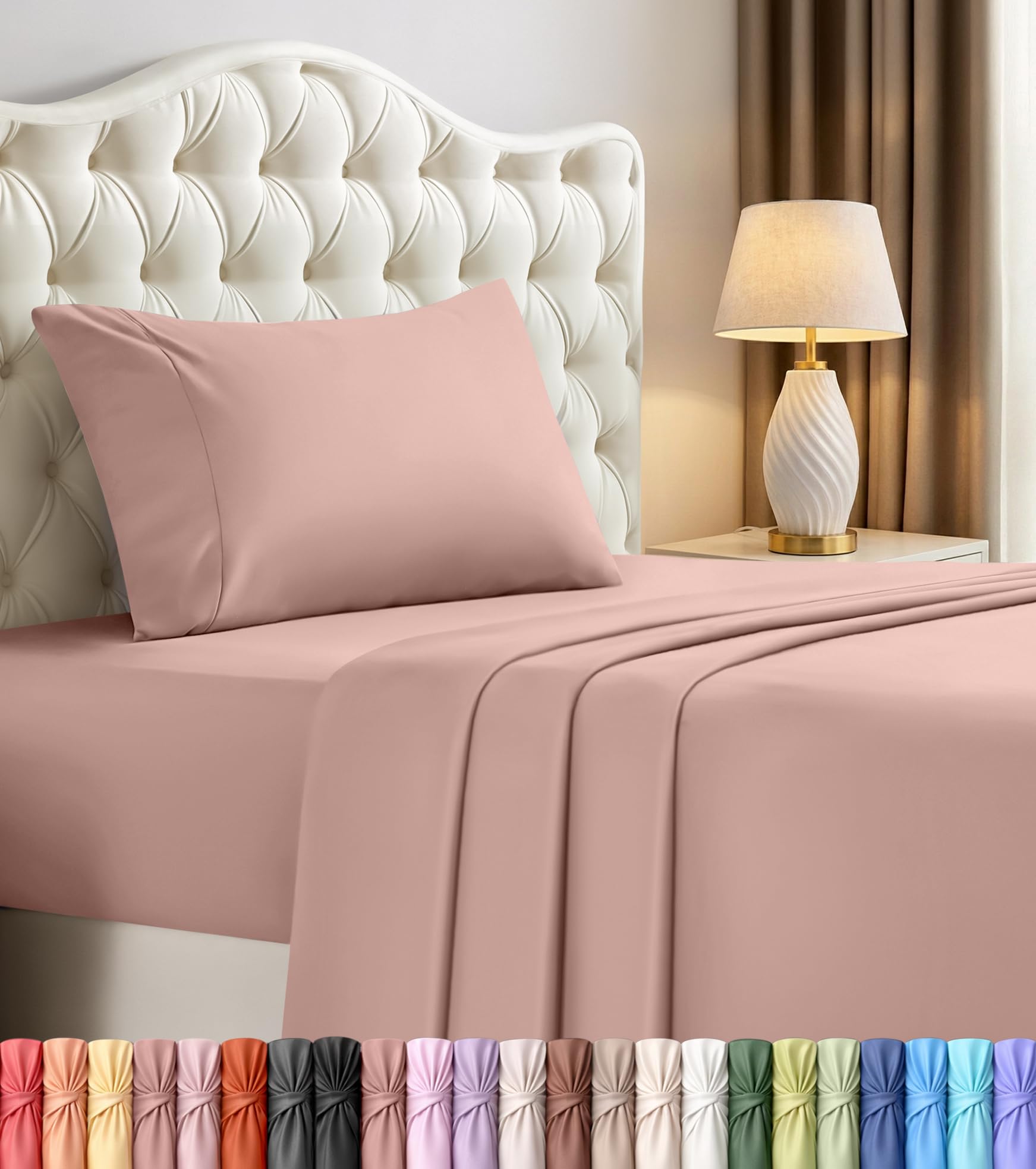 Twin Sheets Set, 3 Pieces 16" Deep Pocket Hotel Luxury Sheets, Blush Pink — image 1
