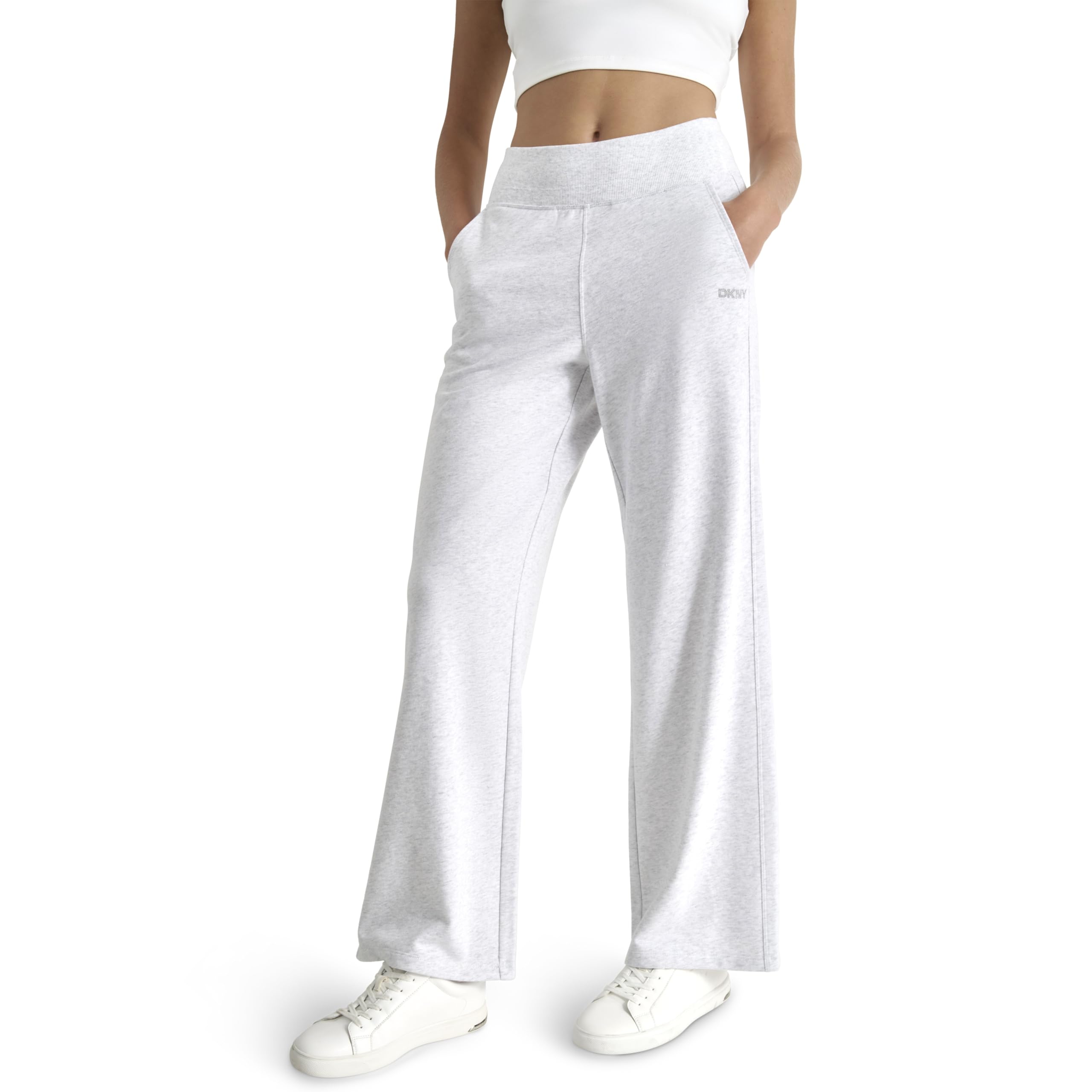 DKNY womens Studded Mini Logo Wide Leg Fleece Sweatpant