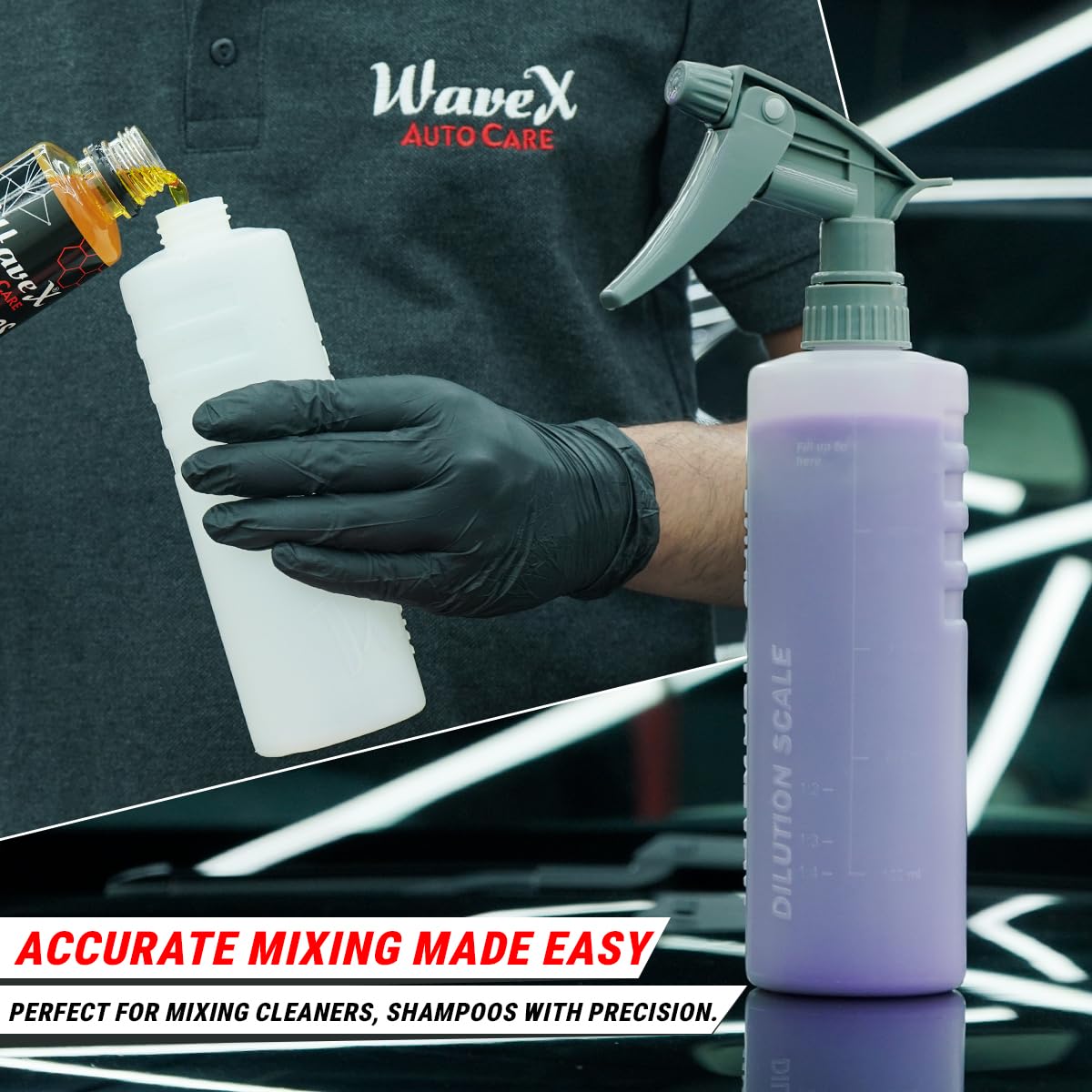 WaveX Empty Spray Bottle 500ml Heavy Duty (Set of 2) | HDPE Chemical Resistant Bottle with Strong Trigger Sprayer | Dilution Scale Engraved | Ideal for Car Detailing, Cleaning & Chemicals 3