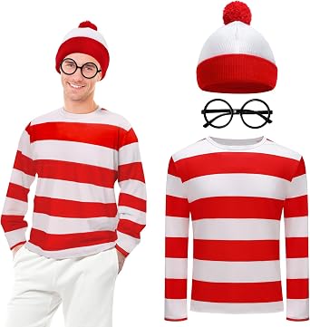 Snwquik 3 Pcs Halloween Costume Accessories Adult, Red and White Striped T-Shirt/Hat/Glasses for Men Cosplay Party Set