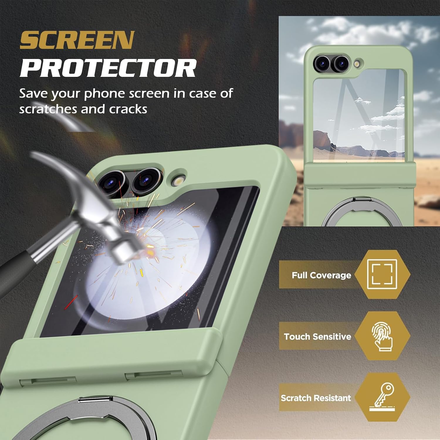 for Samsung Galaxy Z Flip 5 Case with Stand [Hinge Protection] [Screen Protector]Wireless Charging, Anti-fingerprint, Shockproof Rugged Protective Cover, Galaxy Z Flip 5 Phone Case with Ring Kickstand