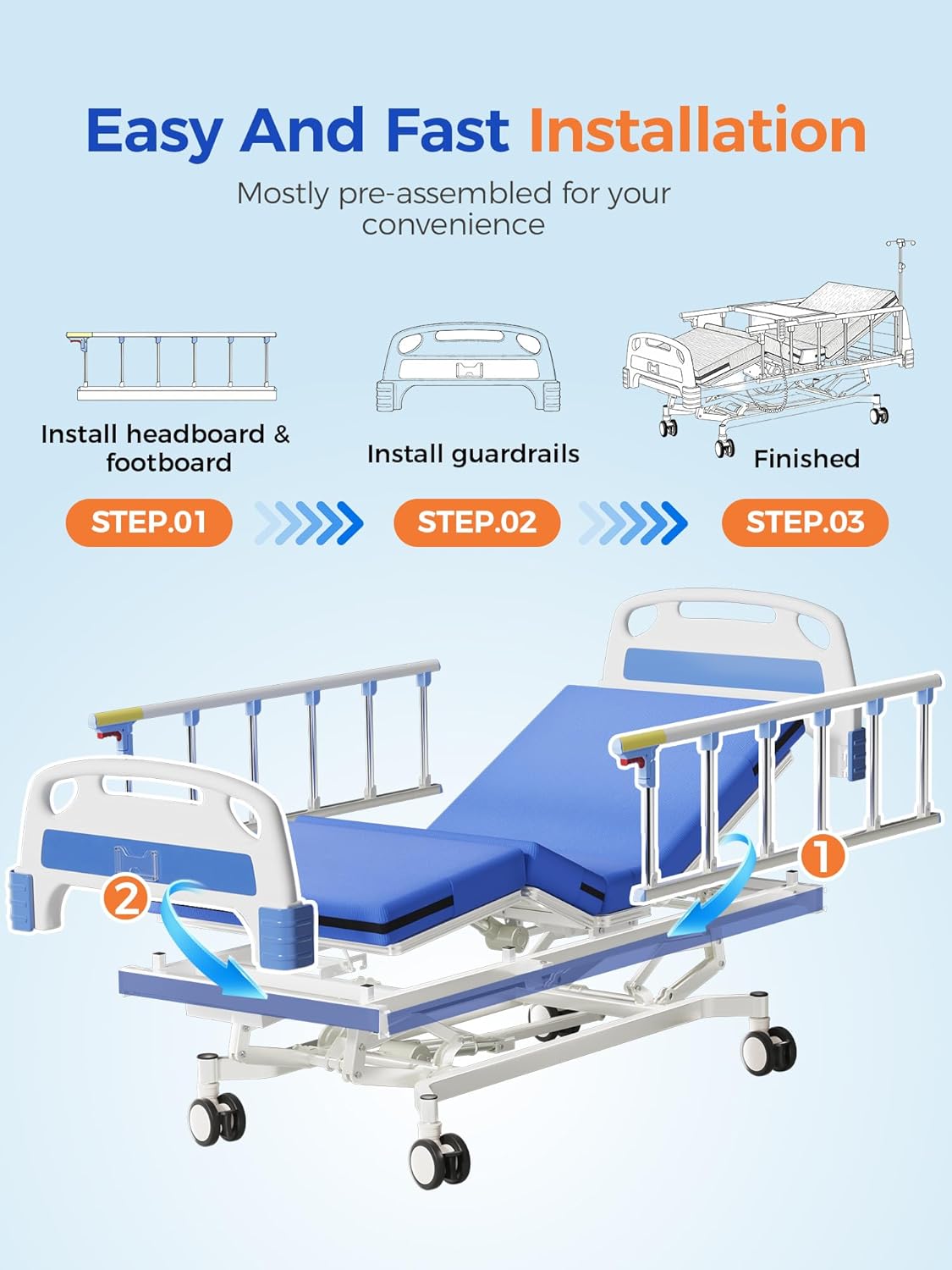 3 Function 600LBS Full Electric Hospital Bed, Beds for Home Use, Medical Bed for Seniors with Mattress, Adjustable Hospital, Frame, Medical Equipment, Special Needs Beds, IV Pole,