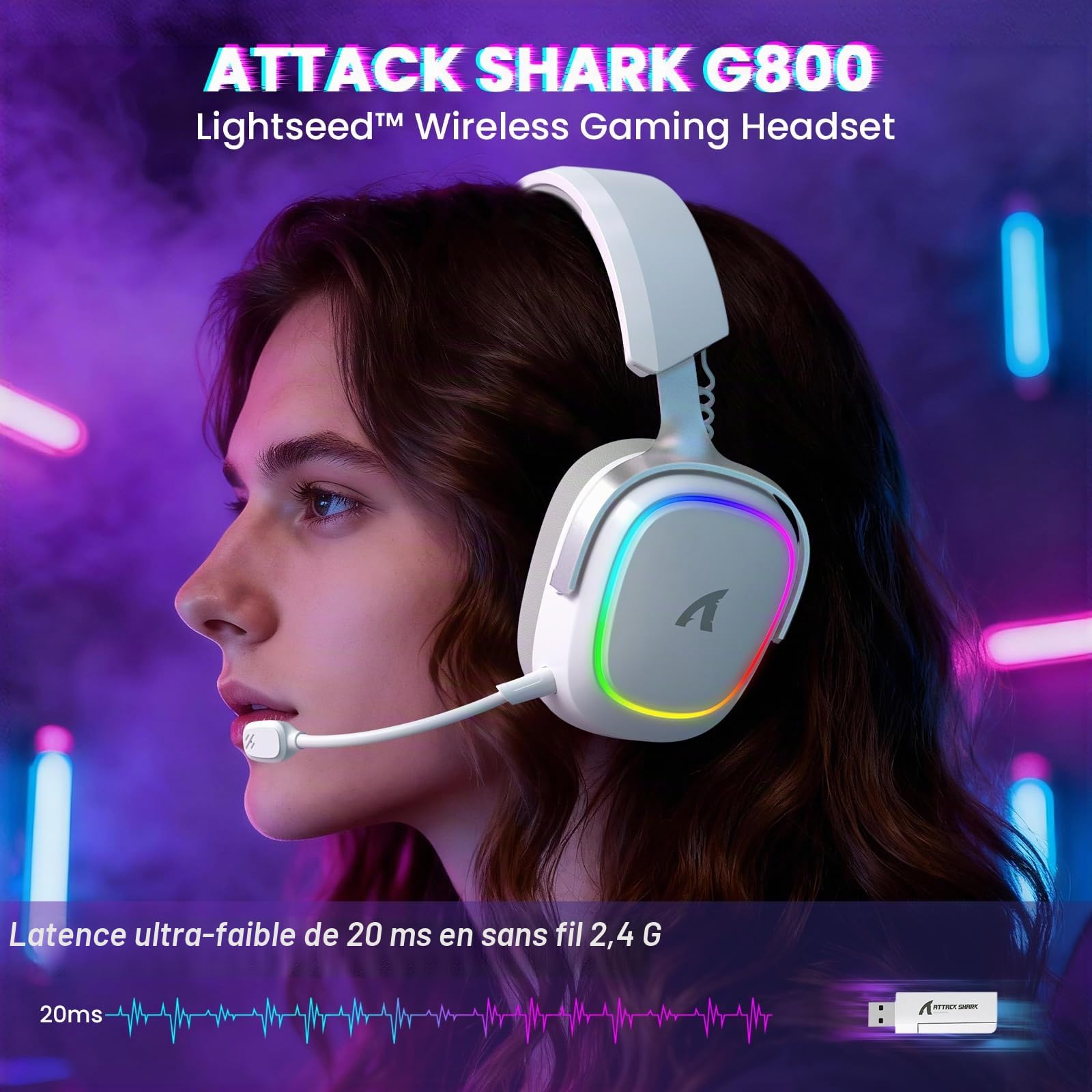 ATTACK SHARK G800 Casque Gaming sans Fil,1000 mAh, Microphone Détachable, Structure en Alliage d’Aluminium, 20 ms, Haut-parleurs 50 mm, 3 Modes (2.4G/BT/Filaire) pour PC/PS/Téléphone (Blanc)
