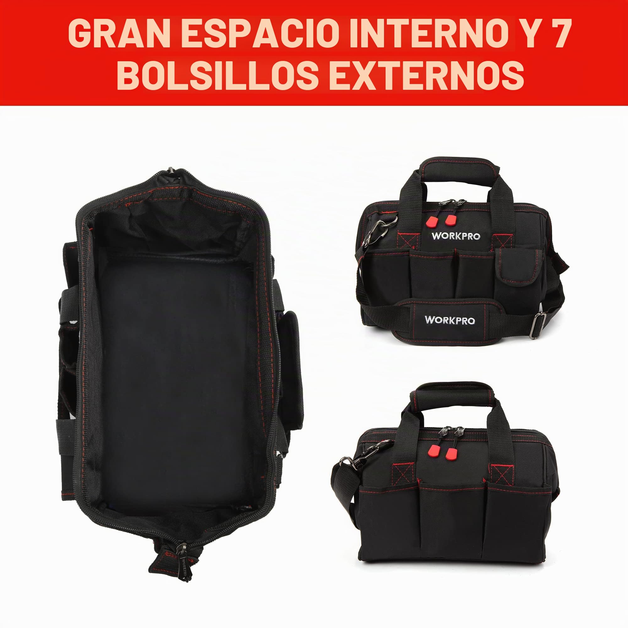 WORKPRO Bolsa de Herramientas 30 x 18 x 20 cm, Bolsa de Transportse Universal, 7 Bolsillos Exteriores, Amplia Apertura de Cremallera, Correa de Hombro Ajustable, para Almacenamiento de Herramientas