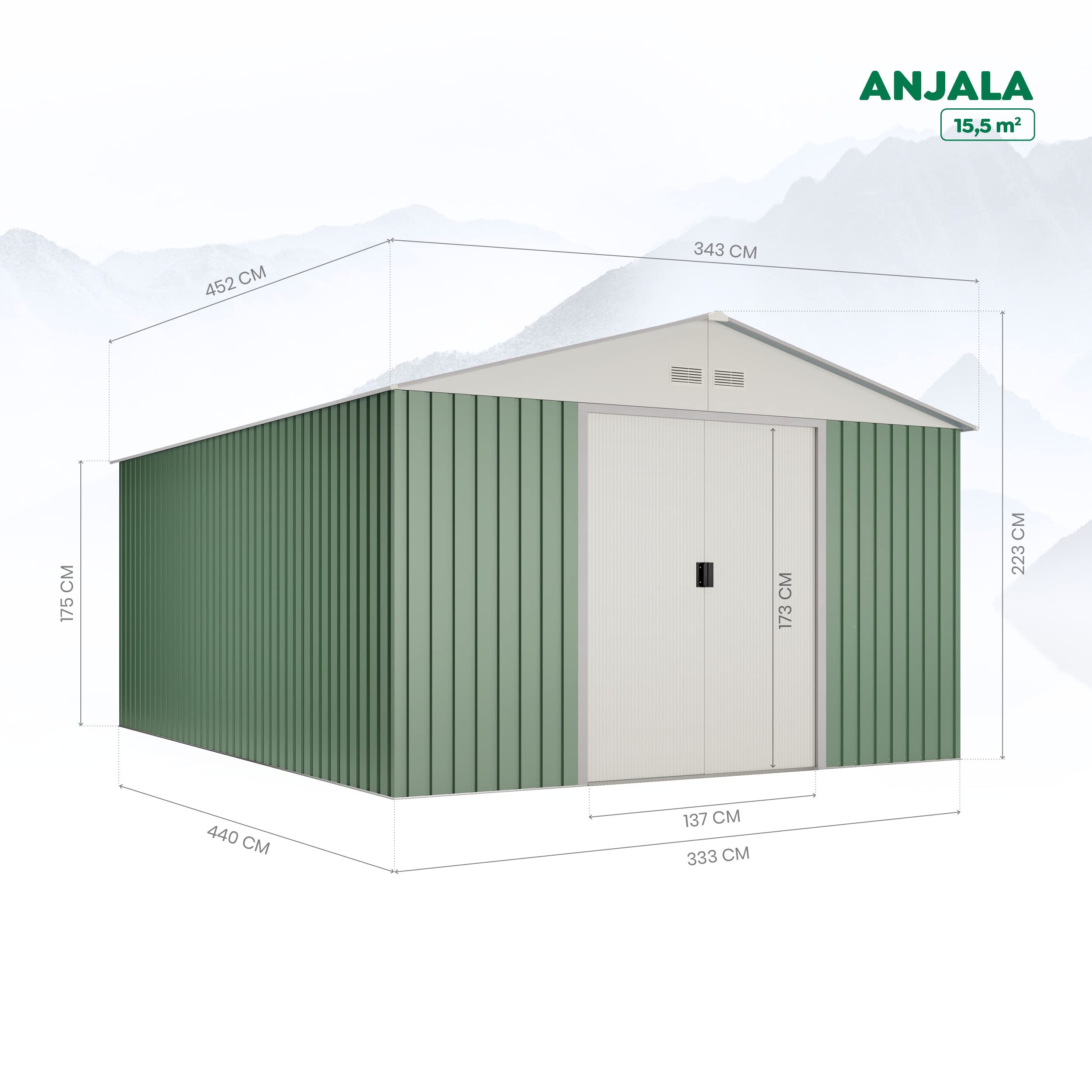 Hoggar - Caseta Metálica de Jardín 15,5 m2 Anjala – 4 Rejillas Anticondensación – Verde y Beige - Puerta Corredera Doble – Techo a Dos Aguas - Cobertizo de Metal - Almacenaje Exterior