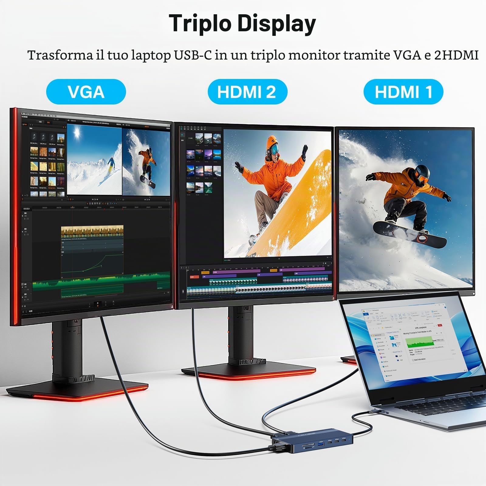 USB C Docking Station Dual HDMI Monitor, Laptop Docking Station 3 Monitors, 2 * 4K60 HDMI+1080p VGA+100W PD+Ethernet+3 * 10Gbps+SD/TF+Audio Adapter, USB C Hub per Dell/Lenovo/HP/ThinkPad