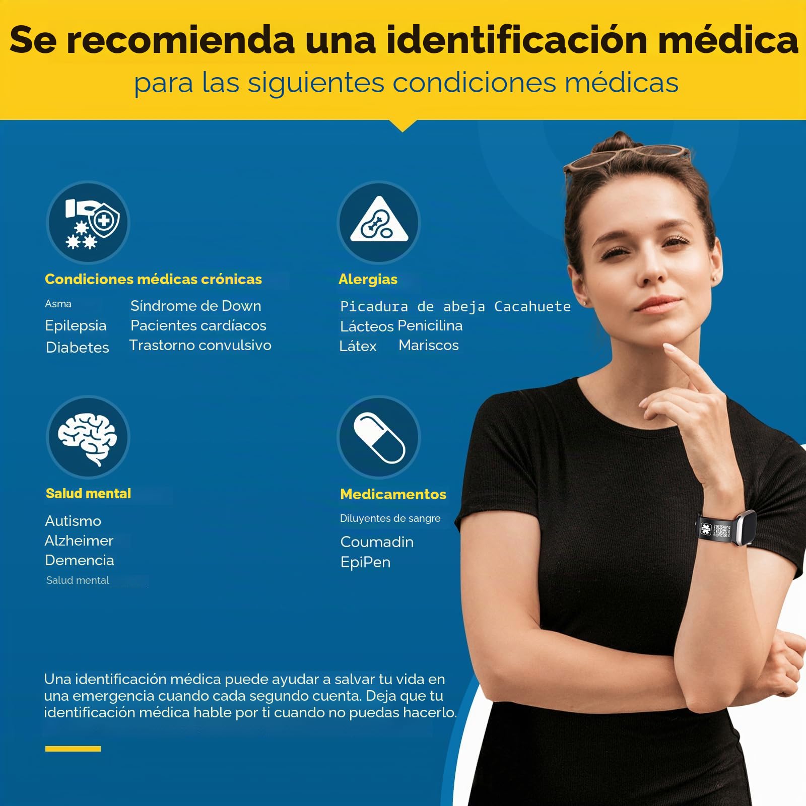 Pulseras médicas mejoradas para hombres y mujeres con código QR, pulseras de identificación de alerta médica, pulsera de acero de titanio, se adapta a muñecas de hasta 8 a 10 pulgadas, más