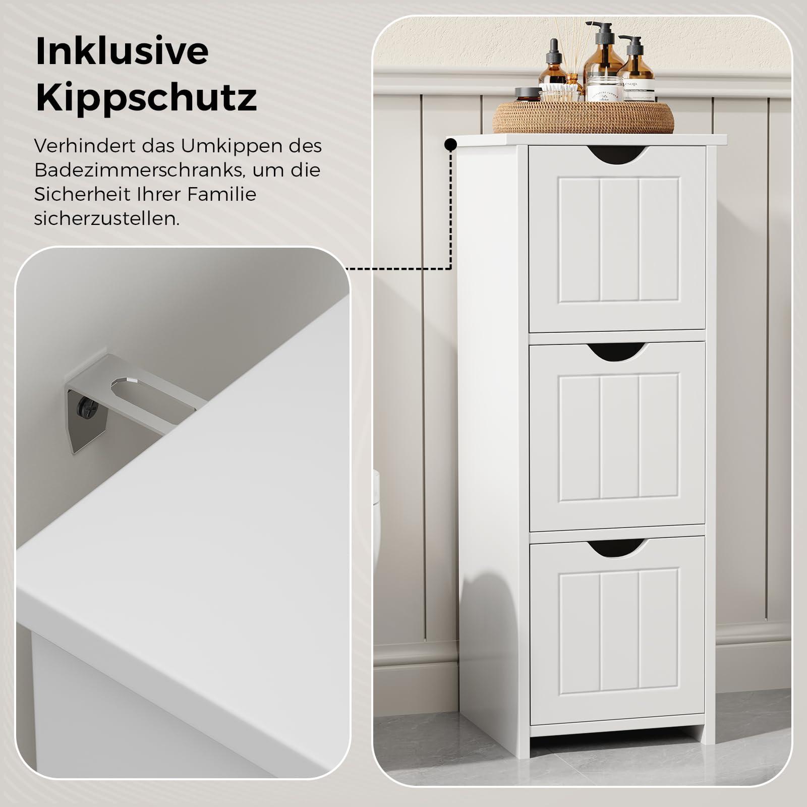 Sweetcrispy Mueble de baño Estrecho 32 x 30 x 81 cm, Moderno, Armario de baño con 3 cajones, Color Blanco Brillante, Estrecho con Gran Espacio de Almacenamiento, Mueble de baño