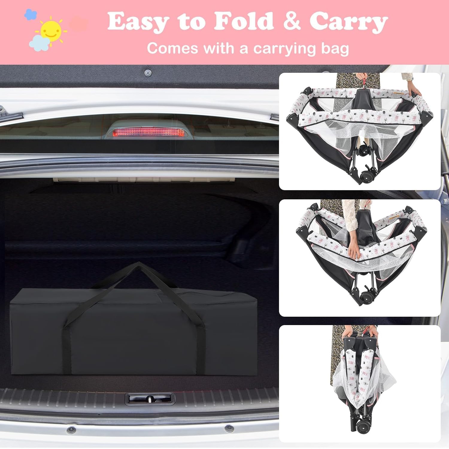 INFANS 3 in 1 Pack and Play, Portable Travel Baby Bassinet with Detachable Mattress, Changing Table, Foldable Playpen with Carry Bag, 2 Wheels (Cartoon)