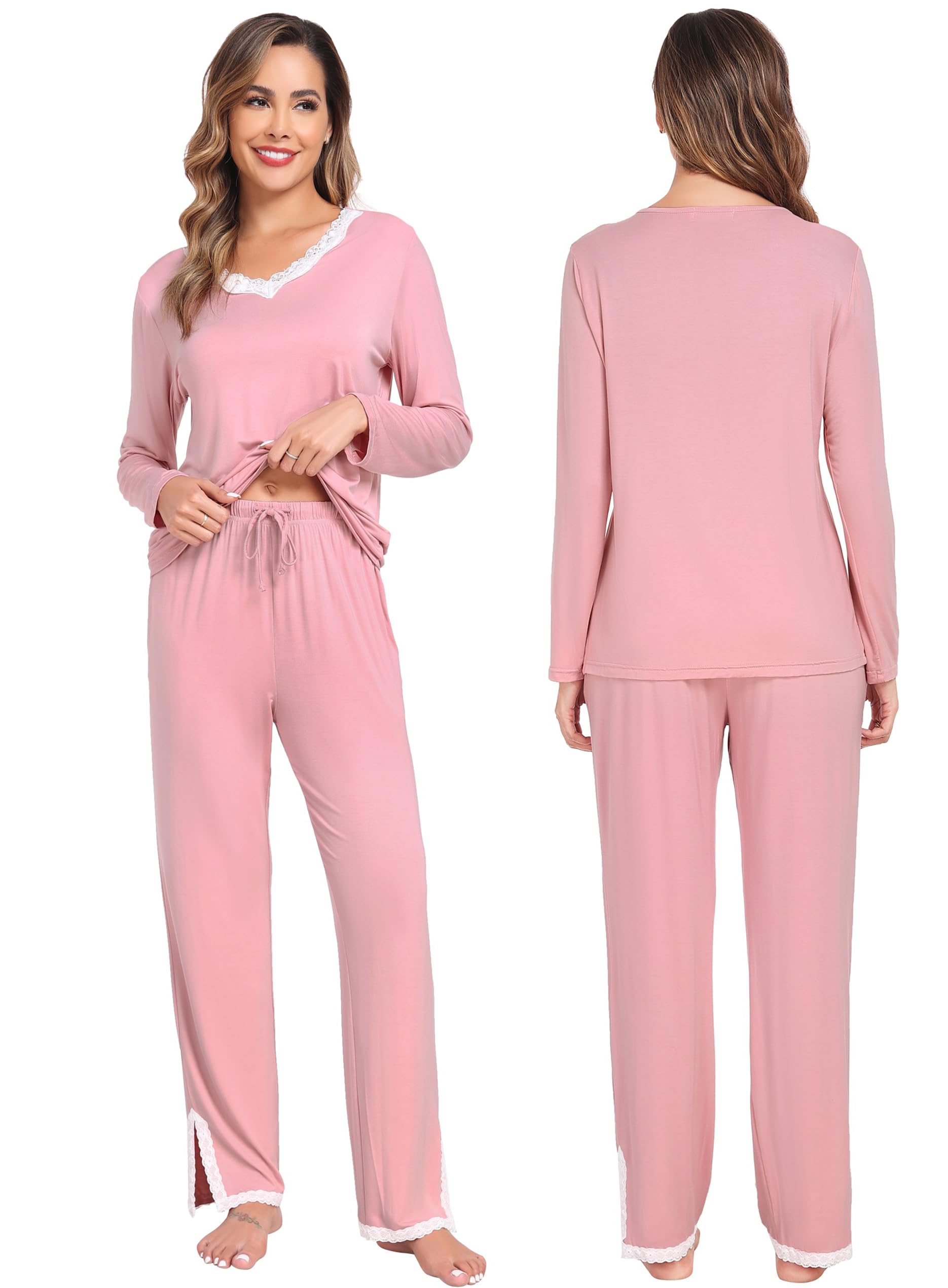 Lovasy Pigiama Donna Manica Lunga Pantaloni Lunghi Casual Scollo a V Top con Motivo a Pois Carino con Tasca Due Pezzi