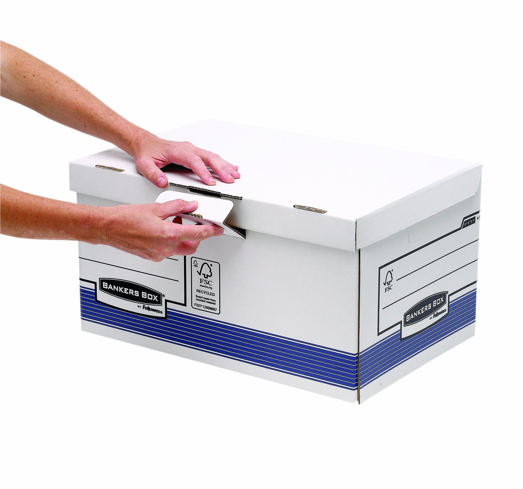 Container à archives Bankers Box System Flip Top Maxi, assemblage auto Fastfold, coloris blanc/bleu - Lot de 10