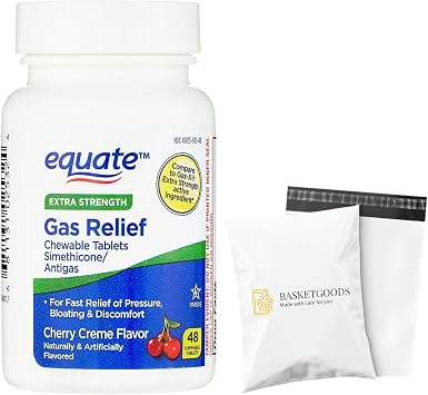 Equate Gas Relief-Simethicone 125 mg, Chewable Tablets Cherry Creme 48 Count Pack of 1 for Stomach Comfort, Set by Basket Goods