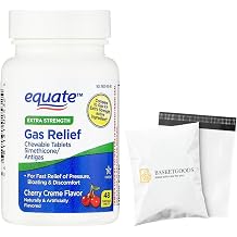 Equate Gas Relief-Simethicone 125 mg, Chewable Tablets Cherry Creme 48 Count Pack of 1 for Stomach Comfort, Set by Basket Goods