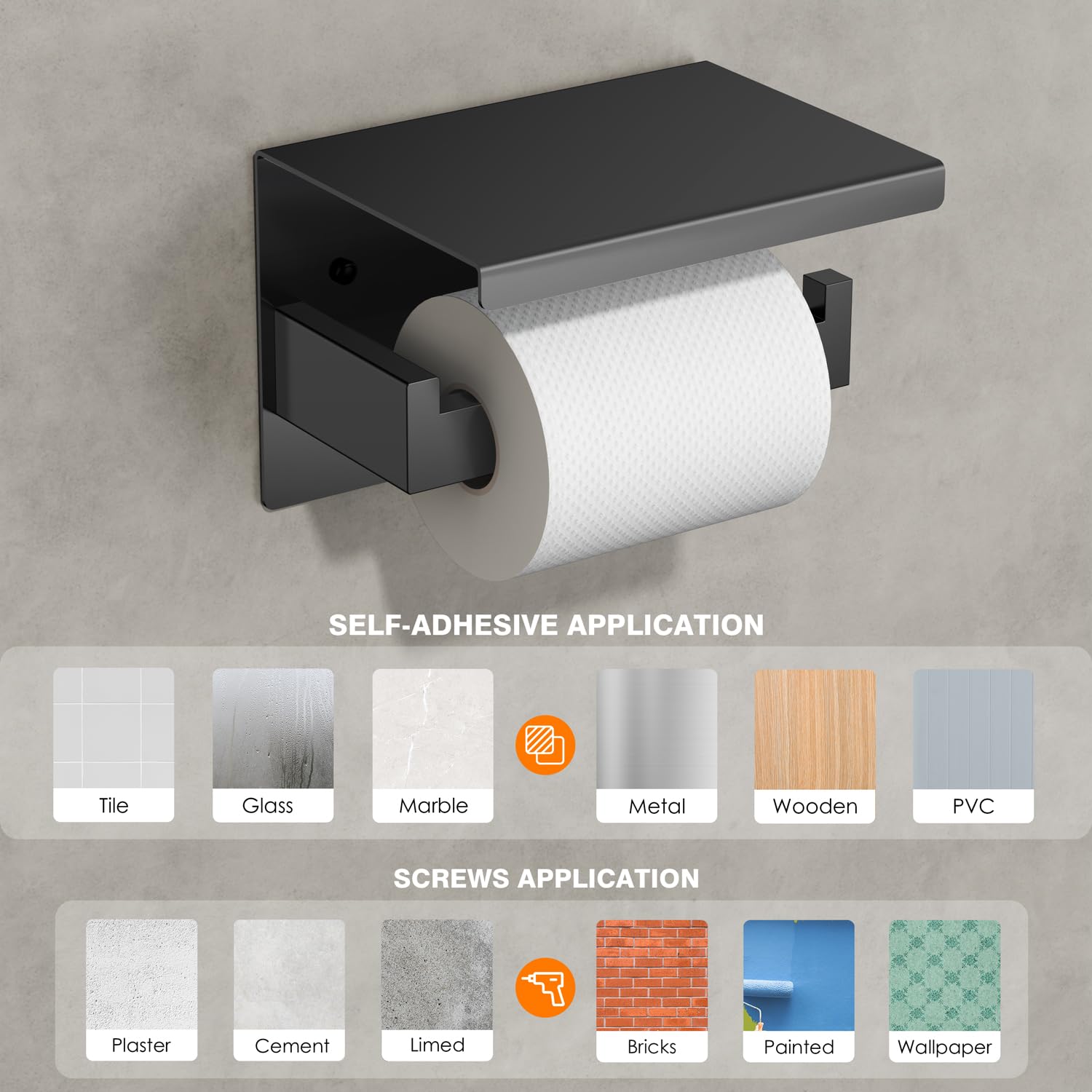 Auxmir Portarrollos Papel Higienico, Portarrollos Baño Adhesivo, Acero Inoxidable, Porta Rollos de Papel Higienico con Estante de Almacenamiento, Soporte Papel Higienico para Cocina, Baño, Negro