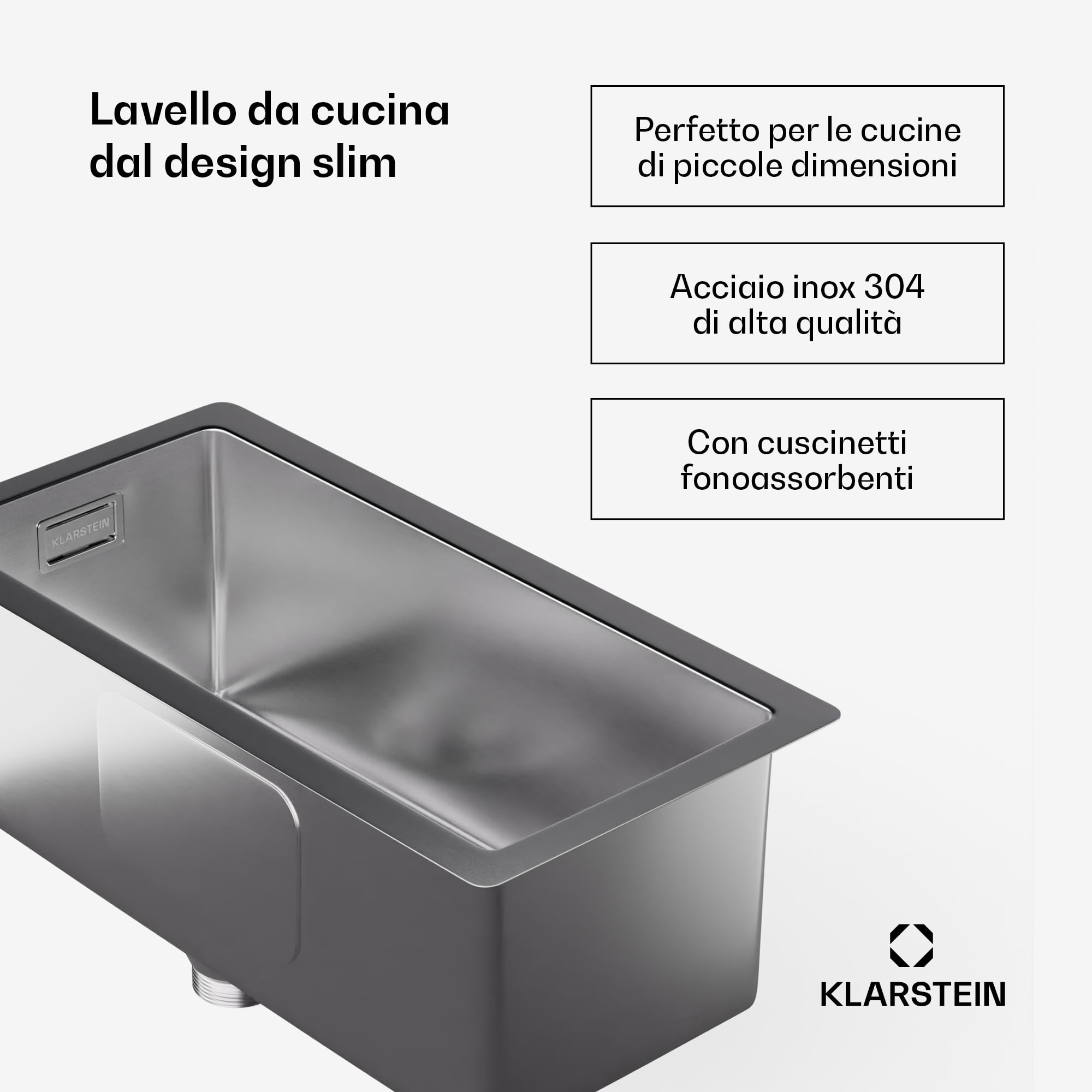 Klarstein Lavello Cucina – Acciaio Inox 304, Design Stretto 23 cm, Resistente a Graffi & Calore, Facile da Pulire, Include Kit Installazione & Troppopieno, 45x23 cm