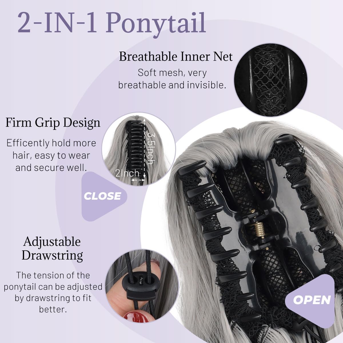 JIAMEISI Ponytail Extension 18 Inch Claw Clip in Ponytail Hair Extensions Long Curly Wavy Synthetic Fiber Claw Ponytail Hairpiece for Women Girls Daily Use Party Add Volume and Length (Silver Grey) - Image 4