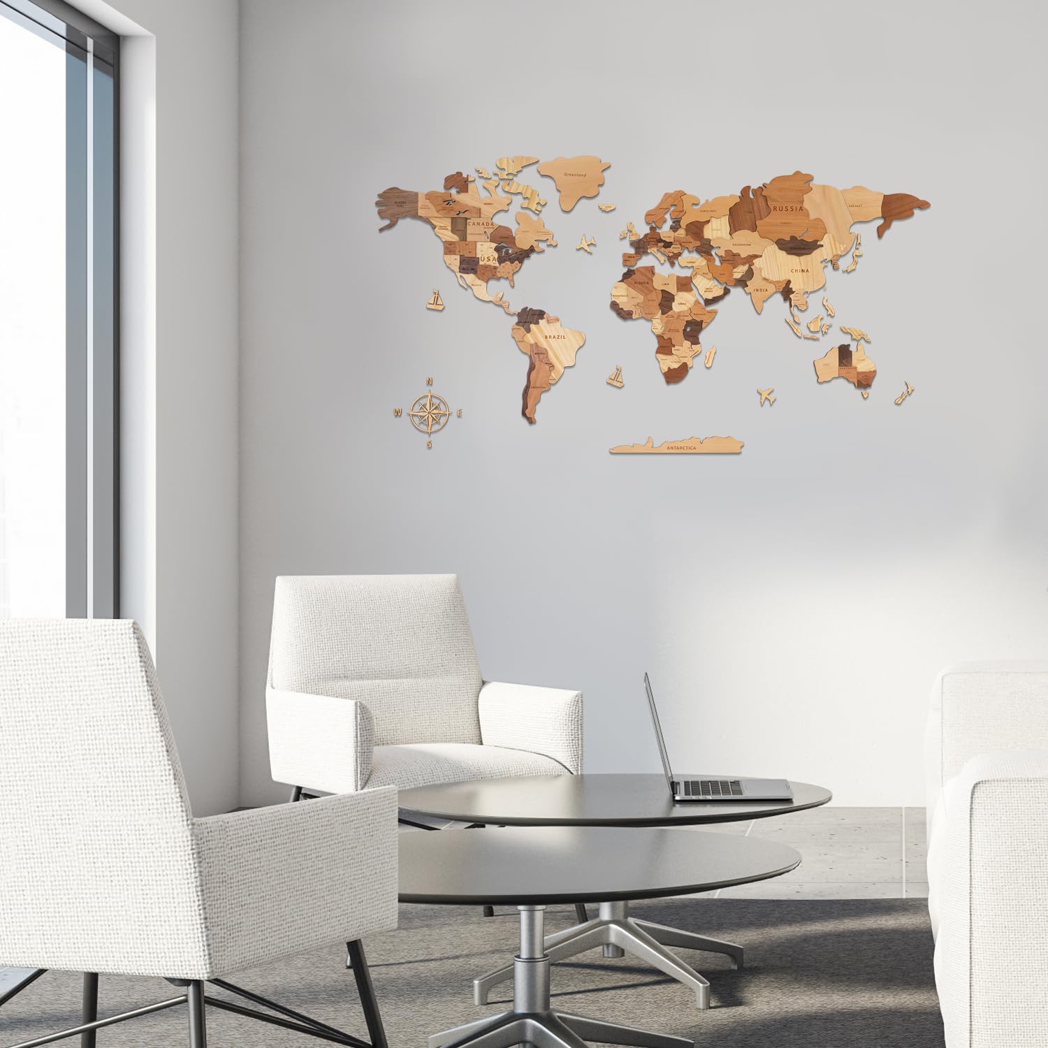 Creawoo Mapa del Mundo 3D de Madera para Decoración de Pared, Grande Mapamundi Maciza Natural Multicapa Arte de Pared para Oficina Sala de Estar Dormitorio, Mapamundi de Viaje de Madera-100x57cm