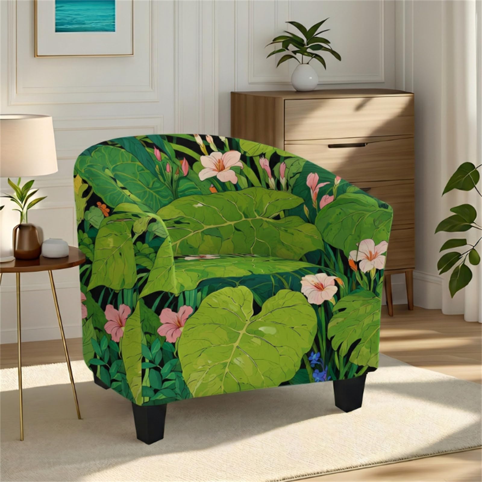 FANSU Tub Chair Cover for Armchairs Stretch Botanical print Slipcover Dust Proof 1 Pieces Sofa Cover Removable Washable Furniture Pet Protector Covers for Club Tub Chairs (Green plants)