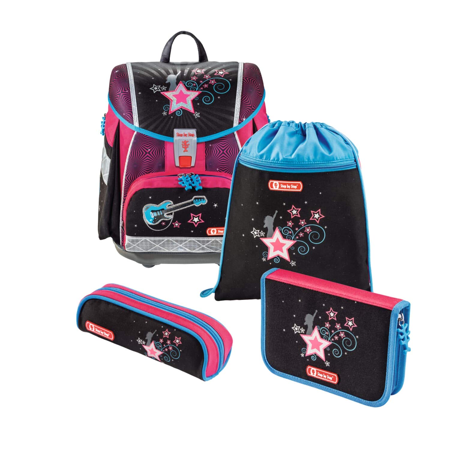 Step by Step Schulranzen-Set Touch 2 „Popstar“ 4-teilig, rosa-schwarz, Sterne-Design, ergonomischer Tornister mit Reflektoren, höhenverstellbar für Mädchen 1. Klasse, 21L