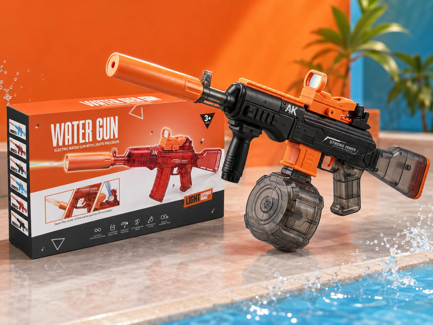 Electric Water Gun Toy, AK Style, with Drum Magazine, Scope and Silencer, for Ages 7+ (Black)