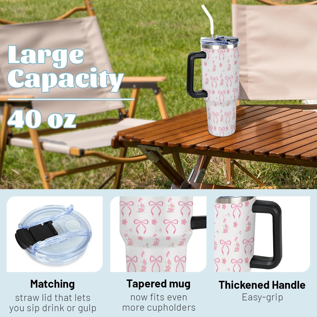 Cute Bow Tumbler with Handle, 40oz Winter Partner Water Bottle, Stainless Steel Insulated Tumblers Coffee Travel Cup with Slider Straw Lid, Present for Women Birthday - Image 3