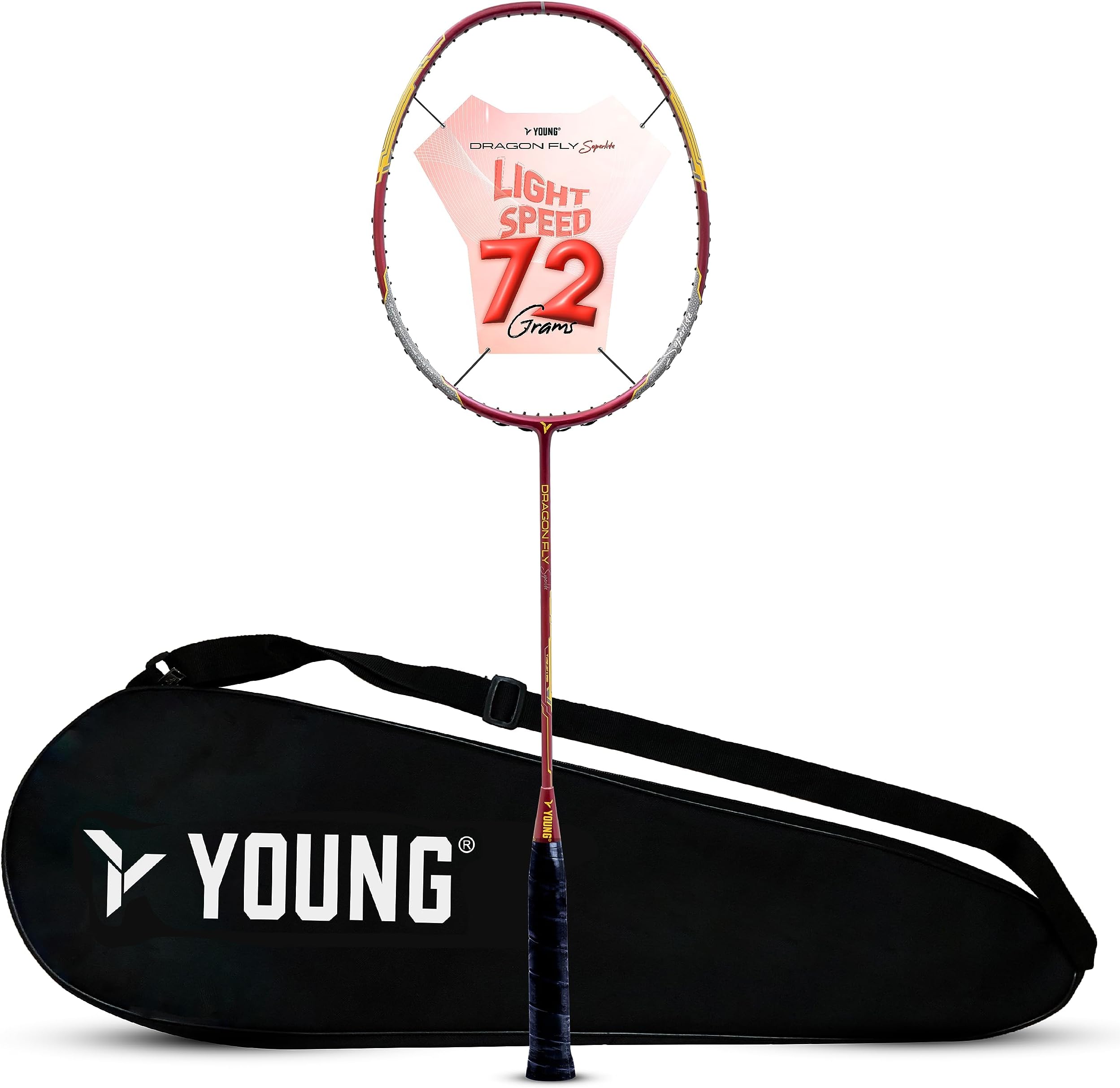 Young Dragonfly Superlite (72g, Hyper-Light) 30 LBS | UHM Japanese Carbon Fibre | Lightweight & Super-Speed | Nanotech Frame | Head Heavy Unstrung Graphite Badminton Racket with Full Cover (Red)