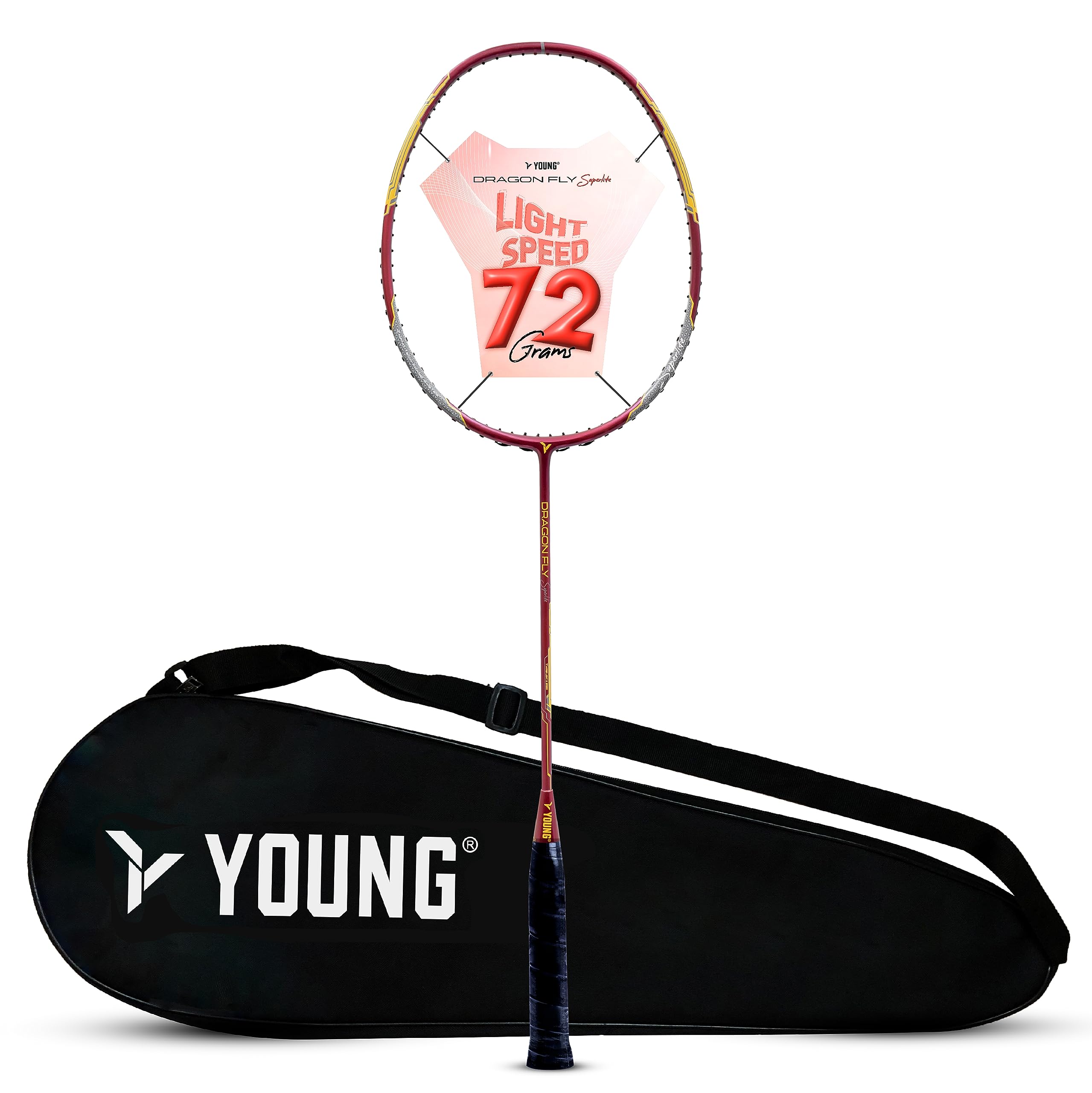 Young Dragonfly Superlite (72g, Hyper-Light) 30 LBS | UHM Japanese Carbon Fibre | Lightweight & Super-Speed | Nanotech Frame | Head Heavy Unstrung Graphite Badminton Racket with Full Cover (Red)