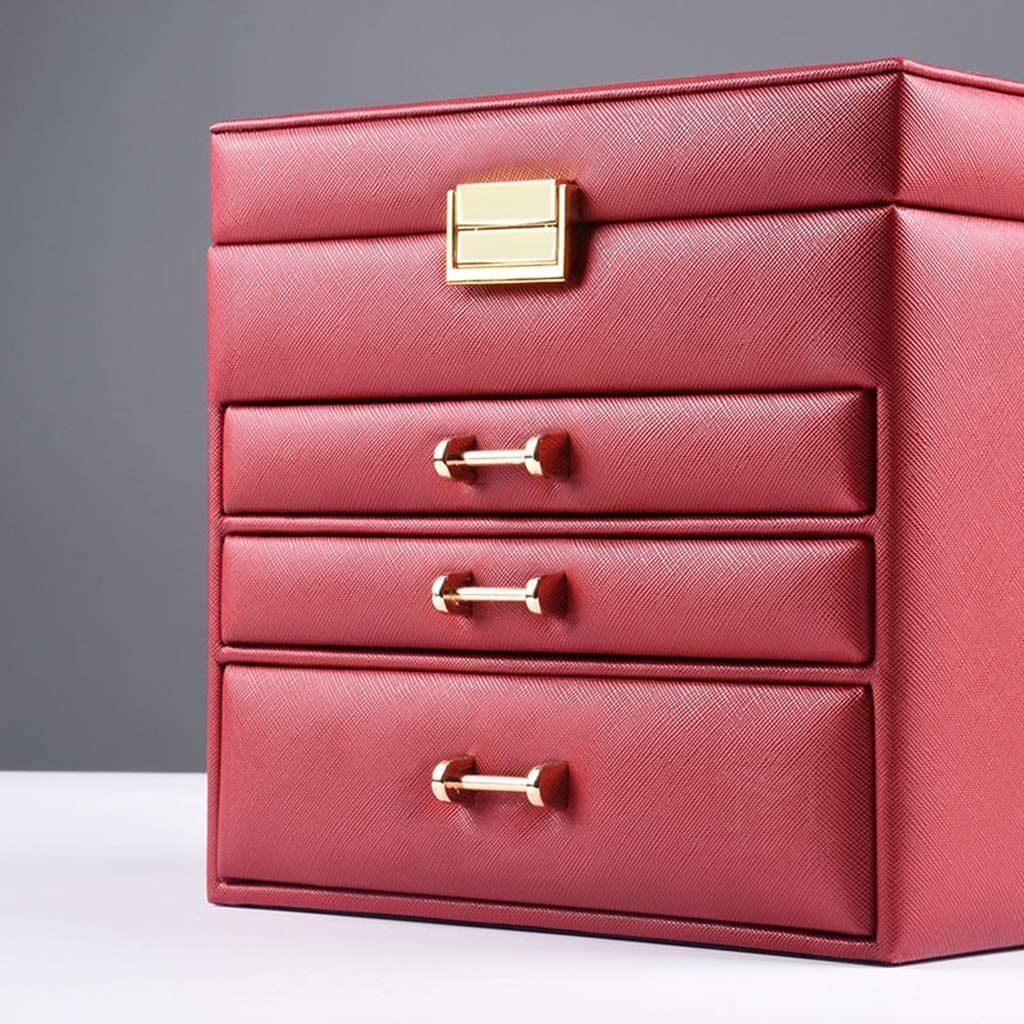 XBTGS Joyero organizador de joyas de 4 capas con cajón, organizador de joyas, caja de almacenamiento portátil de joyería de piel sintética, exquisitas cajas de joyería, A-rojo,