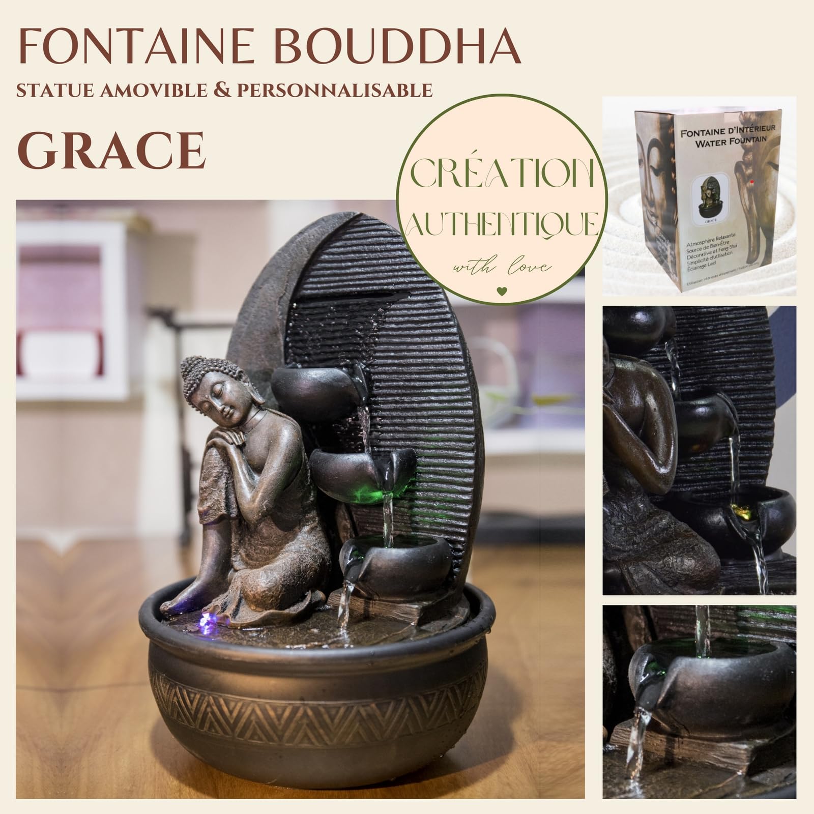 Zen'Light - Fontana Buddha Grace, in resina/bronzo, 26 x 26 x 40 cm