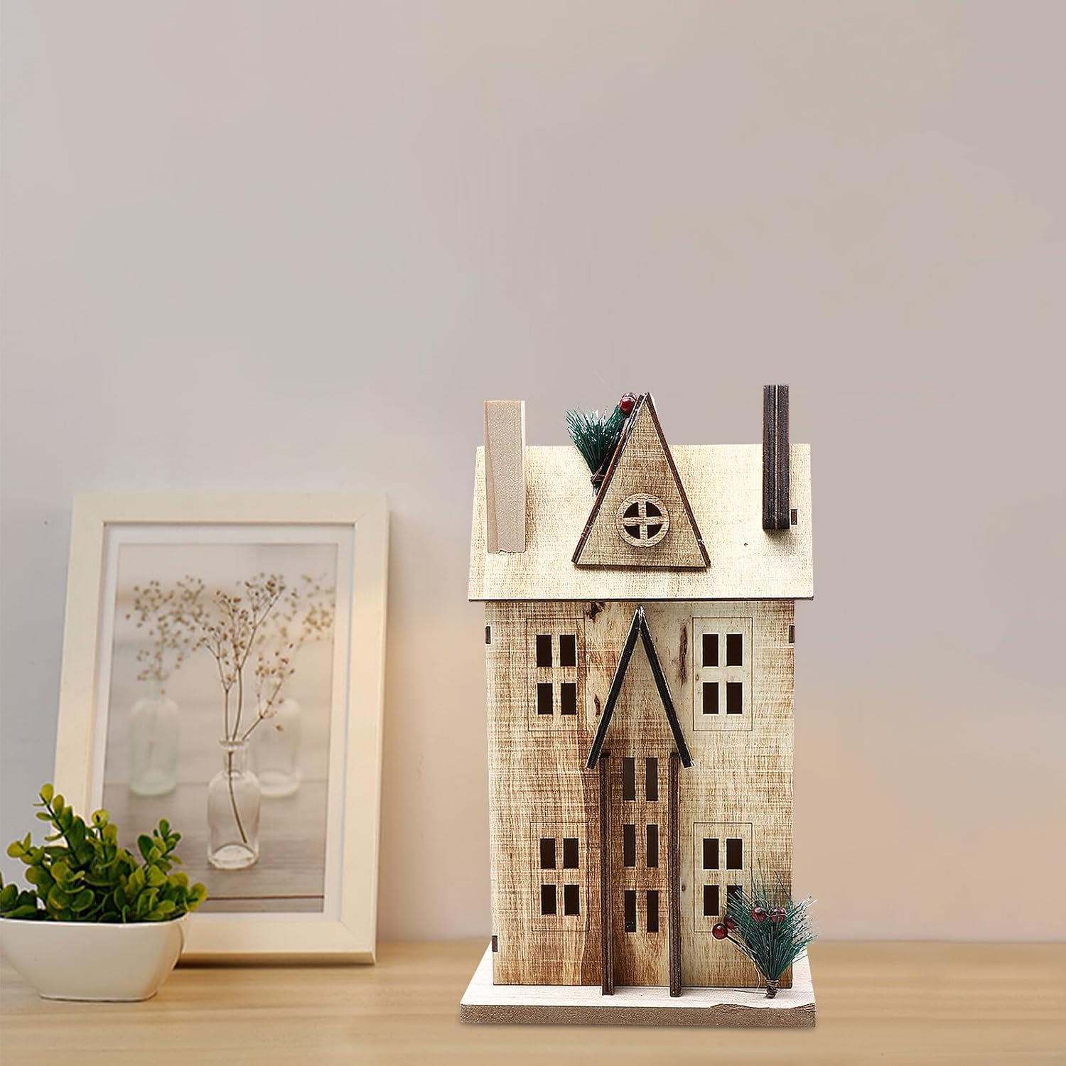 Alipis Wooden House Craft with LED Light, Nordic Style Rustic Small Wood House Decoration, Glowing Desktop Ornament for Christmas Home Decor