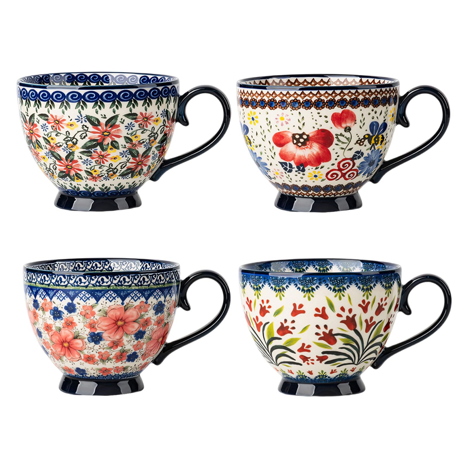 Set di 4 tazze da colazione in ceramica, 510 ml, con motivo floreale dipinta a mano, con manico, set di tazze in porcellana, tazze da cappuccino in ceramica, adatte al microonde
