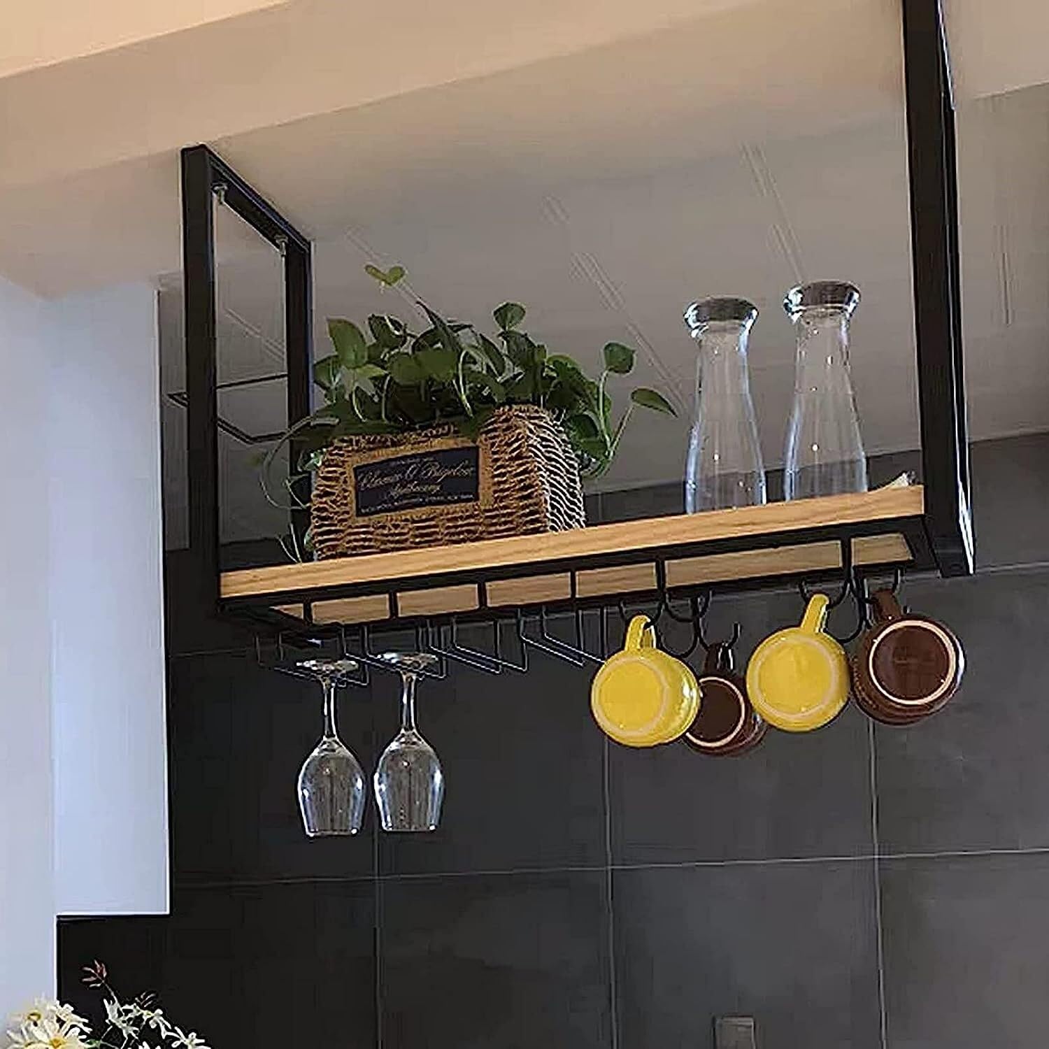 YUZDNM Plafondplank - Plafond hangend wijnrek, metalen zwevende planken wandgemonteerde wijnglashouder hangend decor opbergrek met glaswerk houder, voor bar, café (maat: 80 x 30 x 50 cm YUZDNM Plafondplank - Plafond hangend wijnrek, metalen zwevende planken wandgemonteerde wijnglashouder hangend decor opbergrek met glaswerk houder, voor bar, café (maat: 80 x 30 x 50 cm