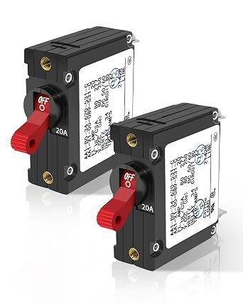 2 Pack A-Series 20A Boat Circuit Breaker Magnetic with Red Toggle AC/DC Single Pole - 20 Amp Protects Low Power Devices for Marine Yachts, Motorhomes, Campers and Caravans