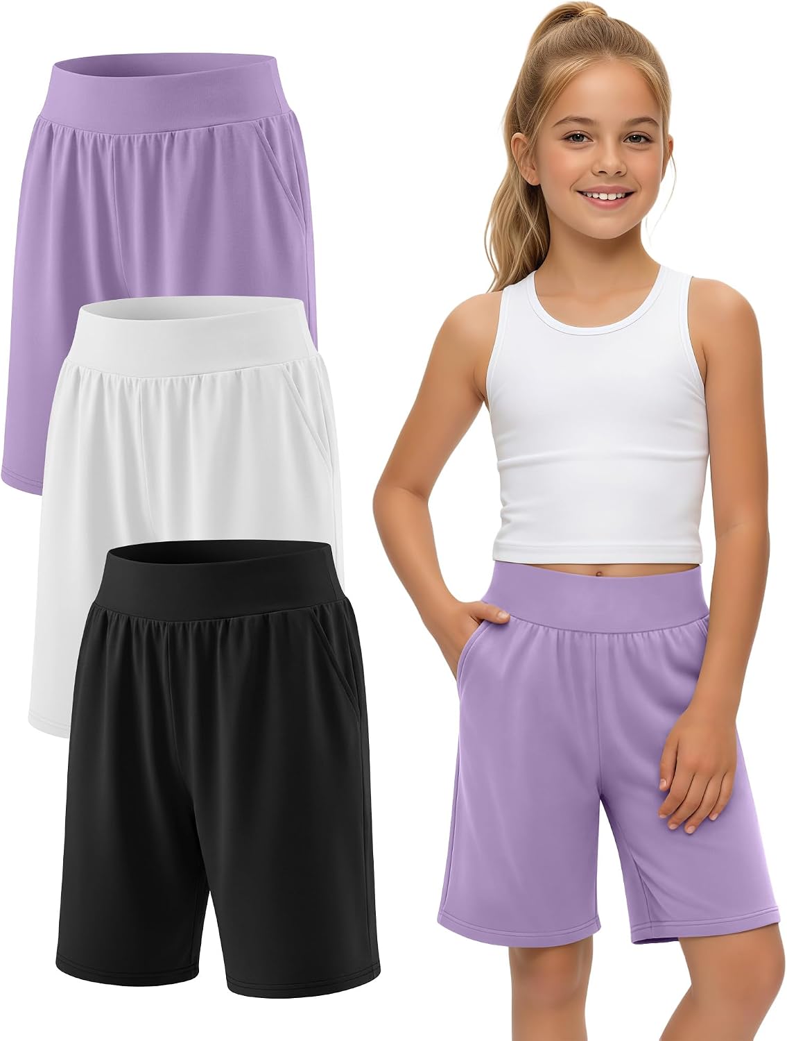 3 Pack Girls' Shorts 5-14Y Elastic High Waist Wide Leg Athletic Teen Summer Loose Running Yoga Clothes with Pockets
