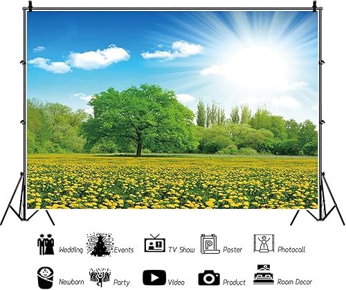 Miniatura 2 de Telón de fondo de primavera de 5 x 3 pies, cielo azul, nubes blancas, flores, fondo de fotografía de jardín para retratos de niños y adultos, fiesta