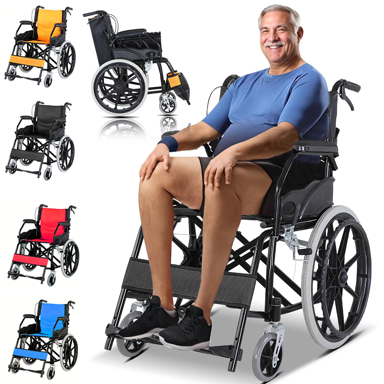 Rollstuhl faltbar leicht, Belastbarkeit 150 kg, Leicht Faltbar Rollstuhl mit Trommelbremse, Leichtgewicht Schmal Rollstühle mit Selbstantrieb, Reiserollstuhl, Sitzbreite 44.5 cm,Schwarz