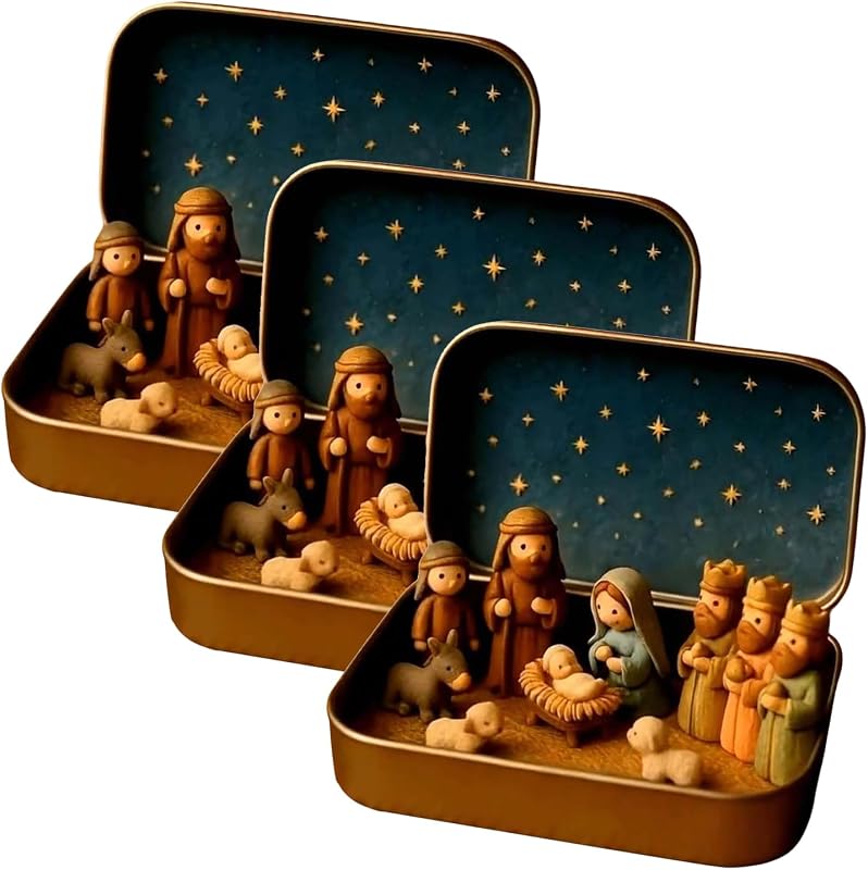 Mini pesebre navideño en una caja de hojalata Lata de regalo para la escena del pesebre | Mini pesebres de resina hechos a mano Escenas clásicas de Jesús de Pascua Decoración de Navidad Interior para regalos para el hogar Decoración
