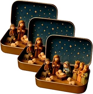 Mini pesebre navideño en una caja de hojalata Lata de regalo para la escena del pesebre | Mini pesebres de resina hechos a mano Escenas clásicas de Jesús de Pascua Decoración de Navidad Interior para regalos para el hogar Decoración