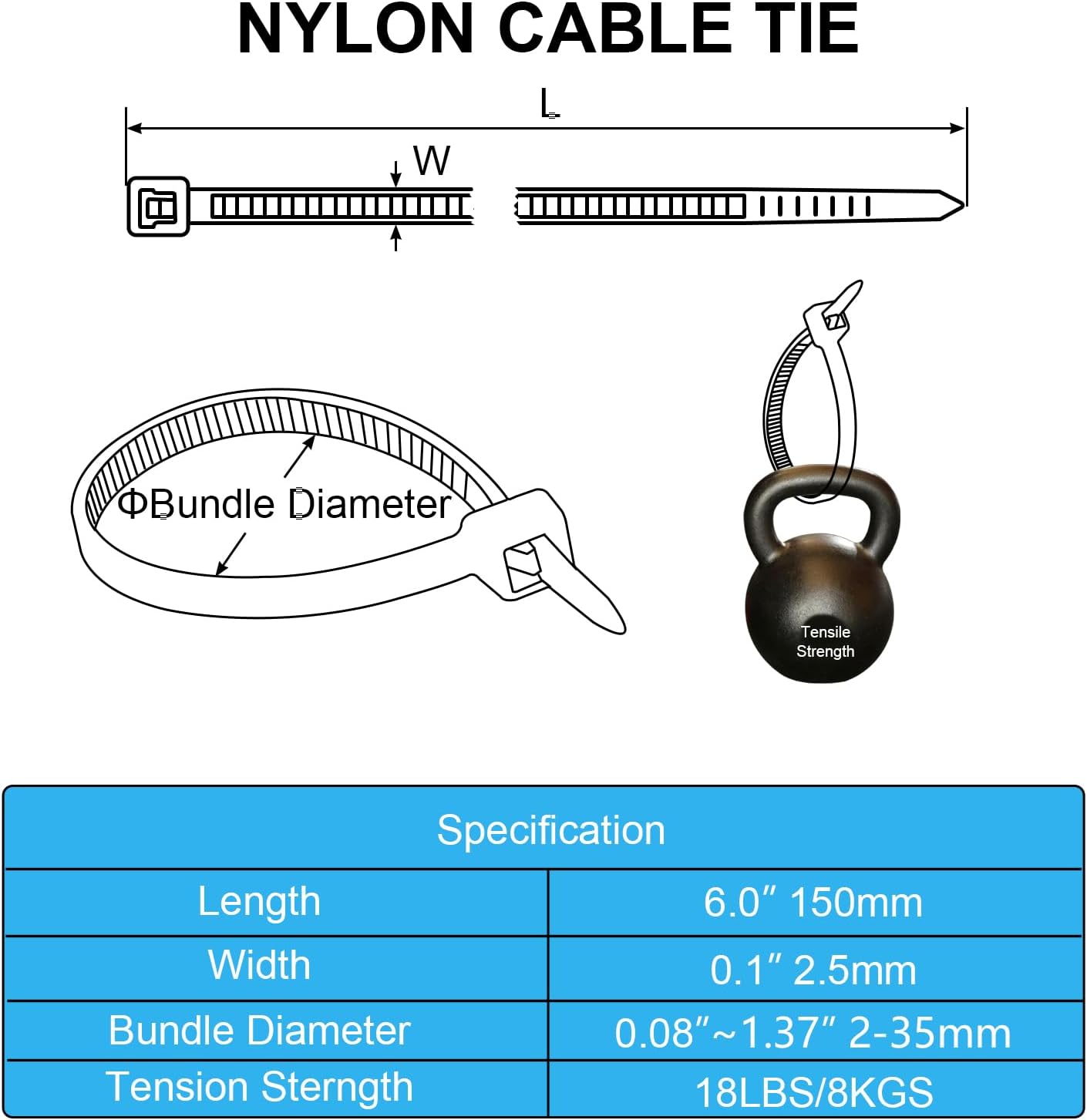 100PCS 6 Inch（150mm) Self Locking Nylon Cable Zip Ties 0.1" Width Tensile Strength 18LBS/8KGS,Multi-Purpose Self-Locking Nylon Cable Cord,Plastic Wire Ties for Home,Office,Garden,Workshop,Black