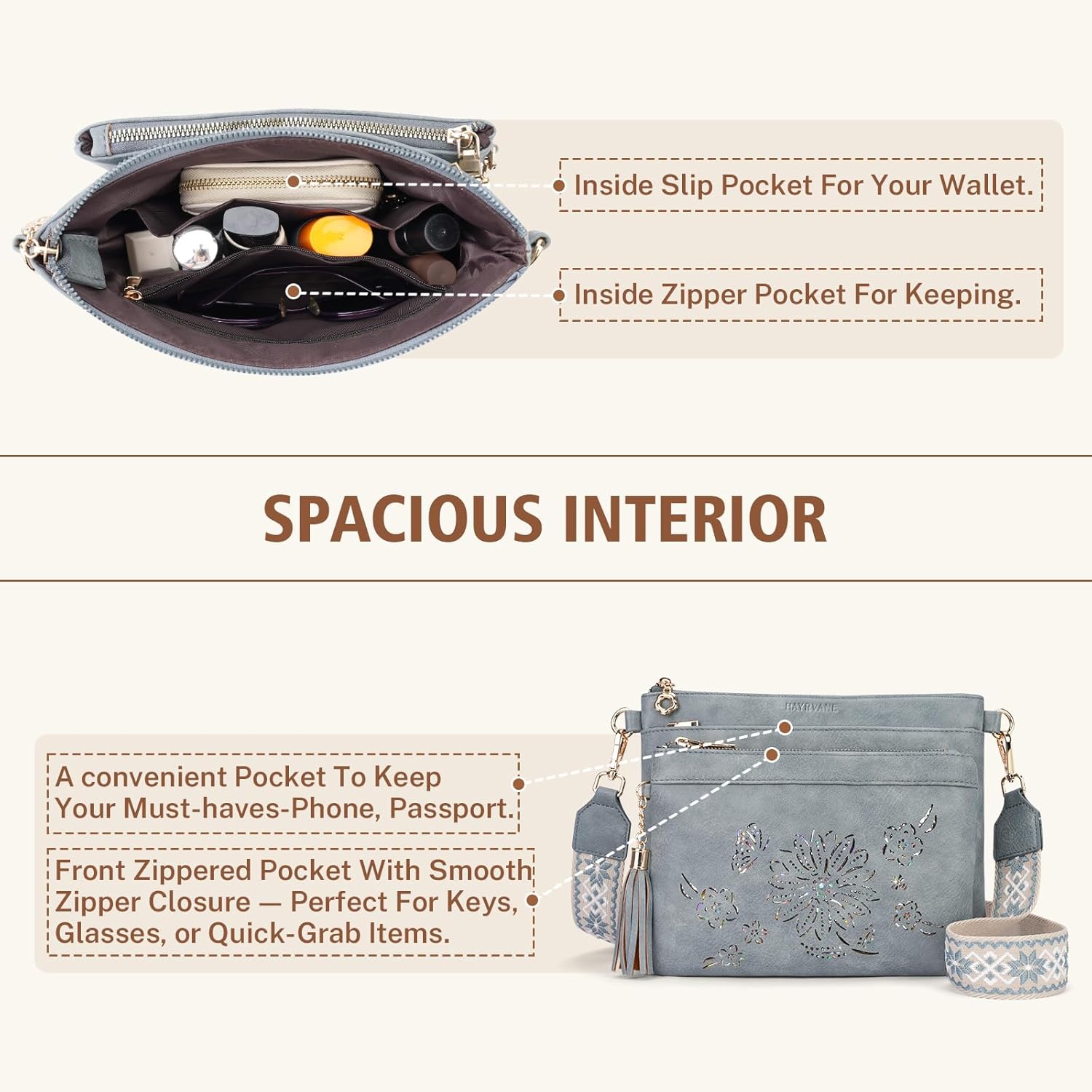 Crossbody Bags for Women Designer Leather Cross Body Purses Multi Pocket Shoulder Handbags with Wide Strap - Image 5