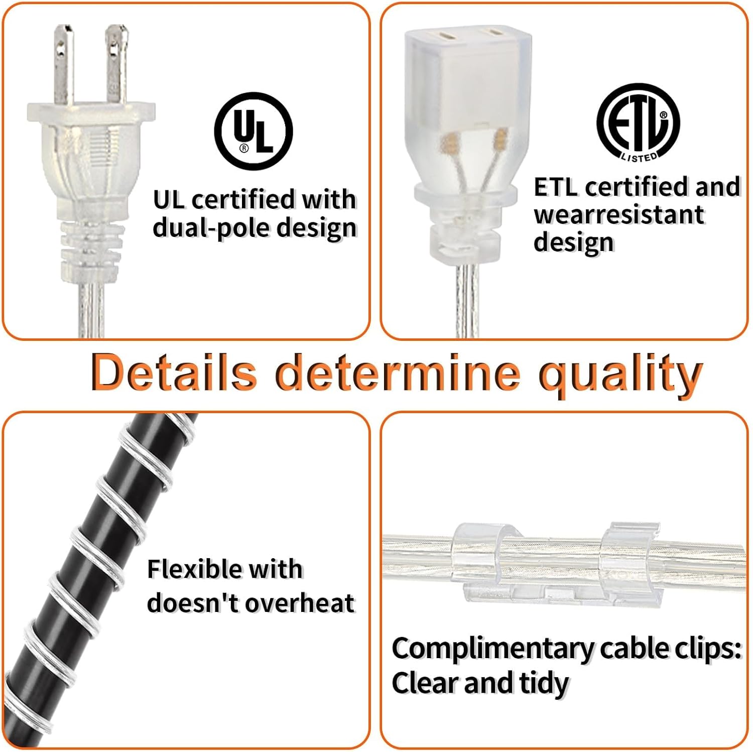 Clear Extension Cord 4ft - UL/ETL Certified 2 Prong Short Extension Cords, Lightweight & Tangle-Free Invisible Extension Cord, Polarized Male to Female Clear Extension Cords (1 Pack)