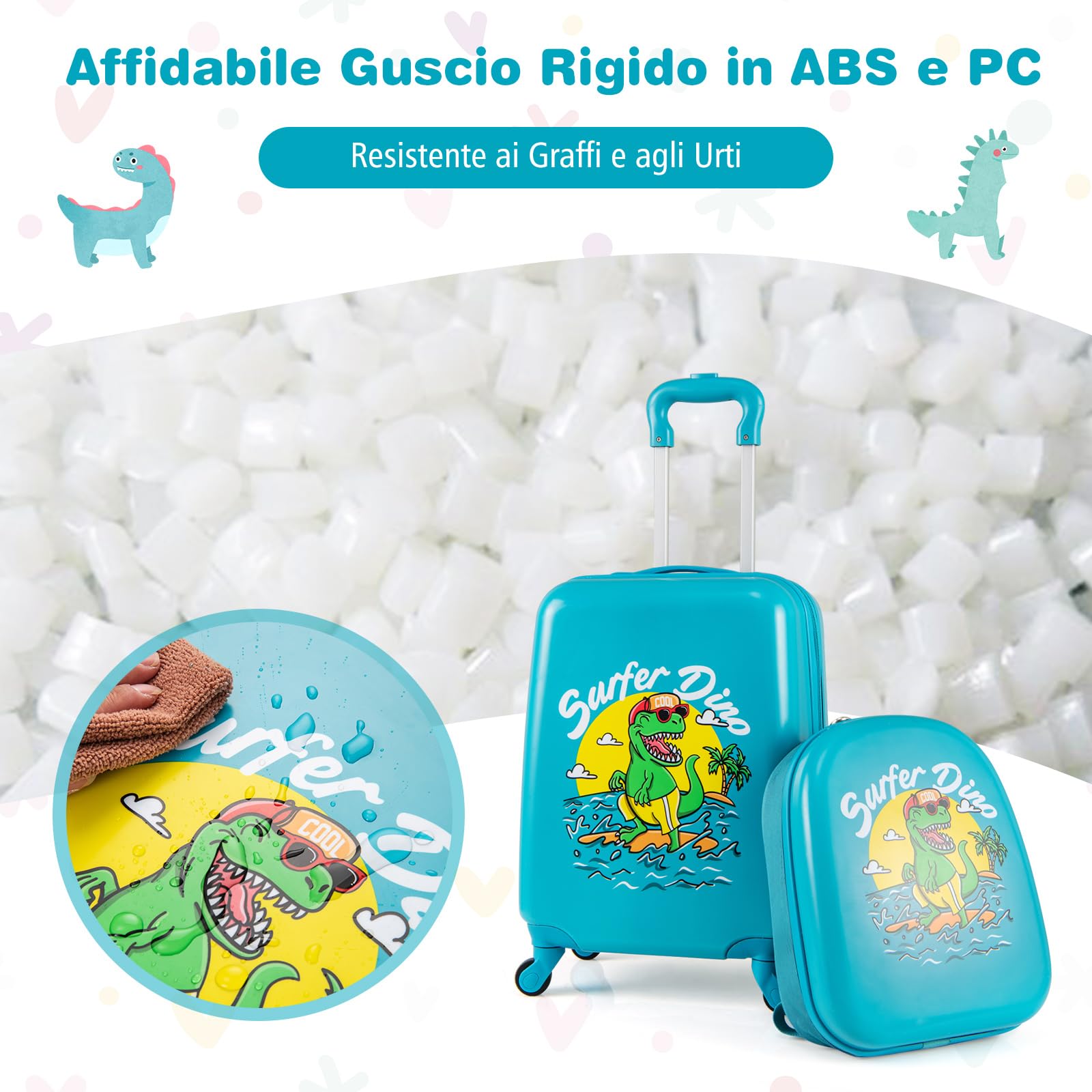 COSTWAY Set di 2 Valigia per Bambini, 17" Valigia+ 13" Zaino, con Ruote Girevoli a 360°, Maniglia Retrattile e Spallacci Regolabili, Ideale per Viaggiare in Modo Comodo e Divertente (Modello 1)
