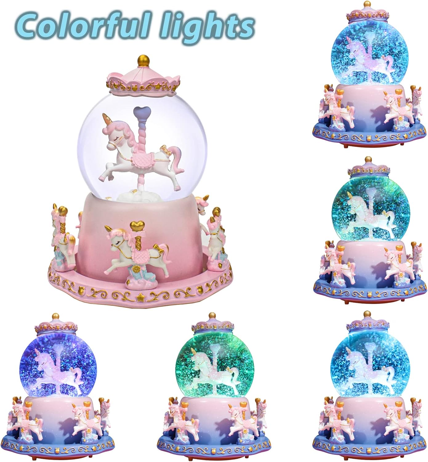 Pink Carousel Music Box Snow Globe Horse Color Changing LED Lights Plays 6 Songs as Castle in The Sky Musical Gift for Wife Daughter Mom Women Birthday Mother's Day Christmas Valentines Gifts