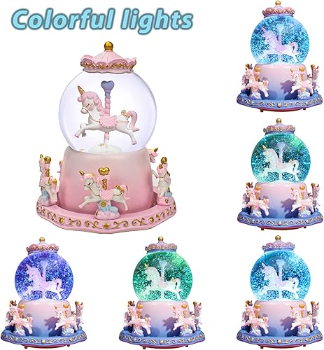 Miniatura 2 de Caja de música de carrusel rosa, globo de nieve, caballo, luces LED que cambian de color, reproduce 6 canciones como castillo en el cielo, regalo