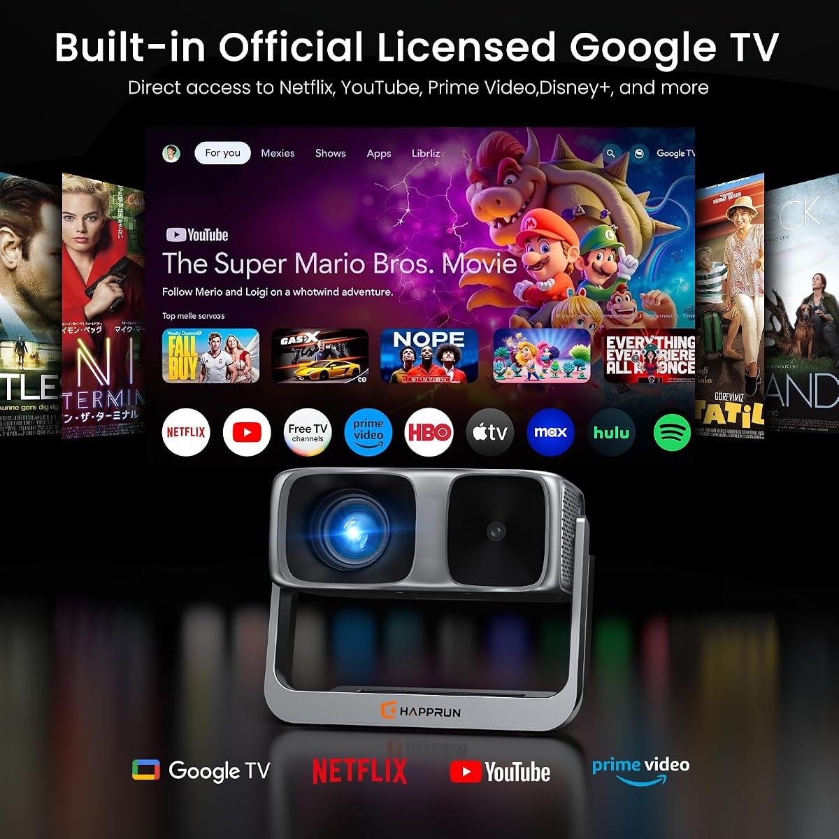 HAPPRUN 2000 ANSI Outdoor Projector with Official Google TV, 4K Decoding Grey image 1