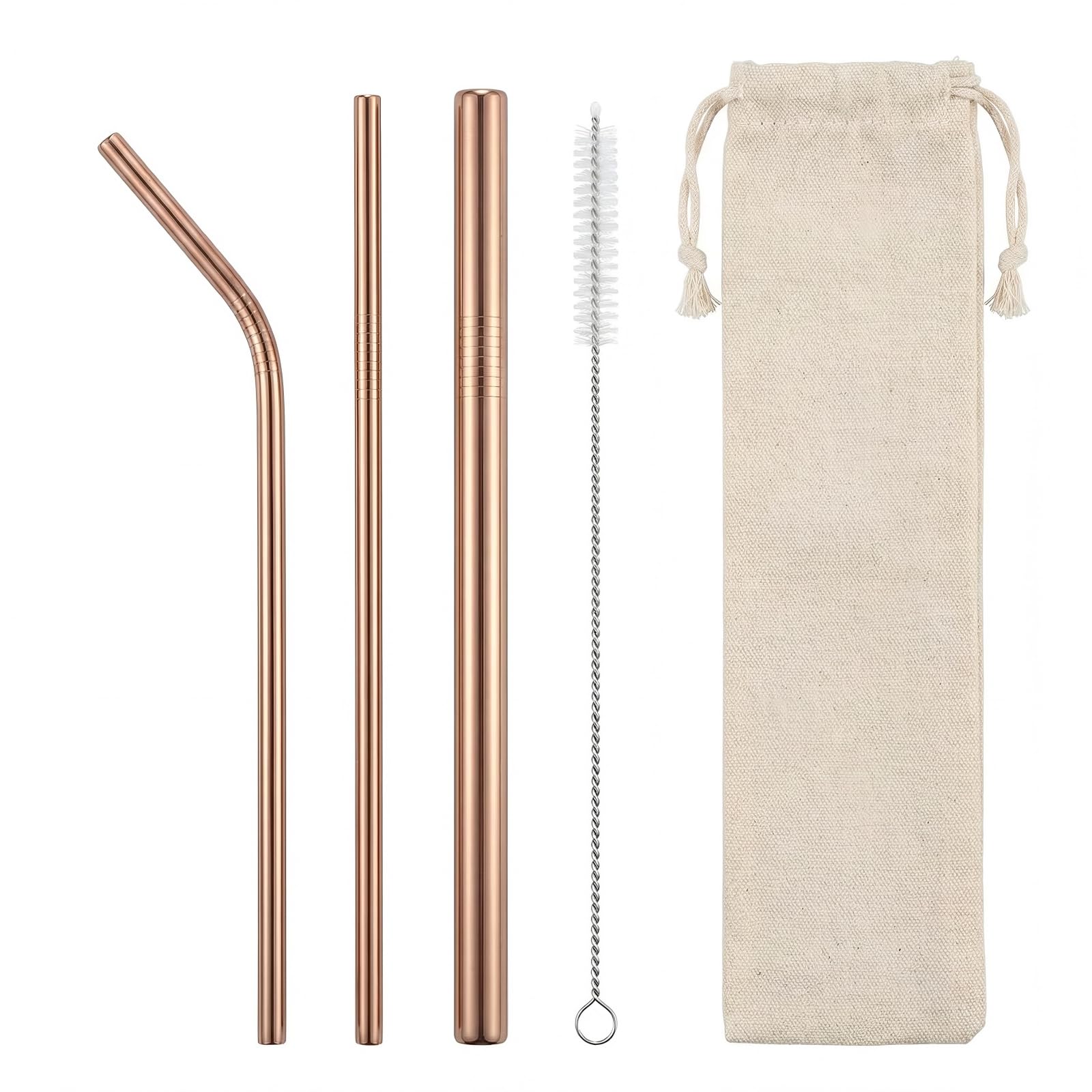Metal Straws,3 PCS Reusable Metal Straws Drinking with Cleaning Brush for Camping and Picnics for Smoothie, Milkshake, Cocktail and Hot Drinks (Rose Gold)