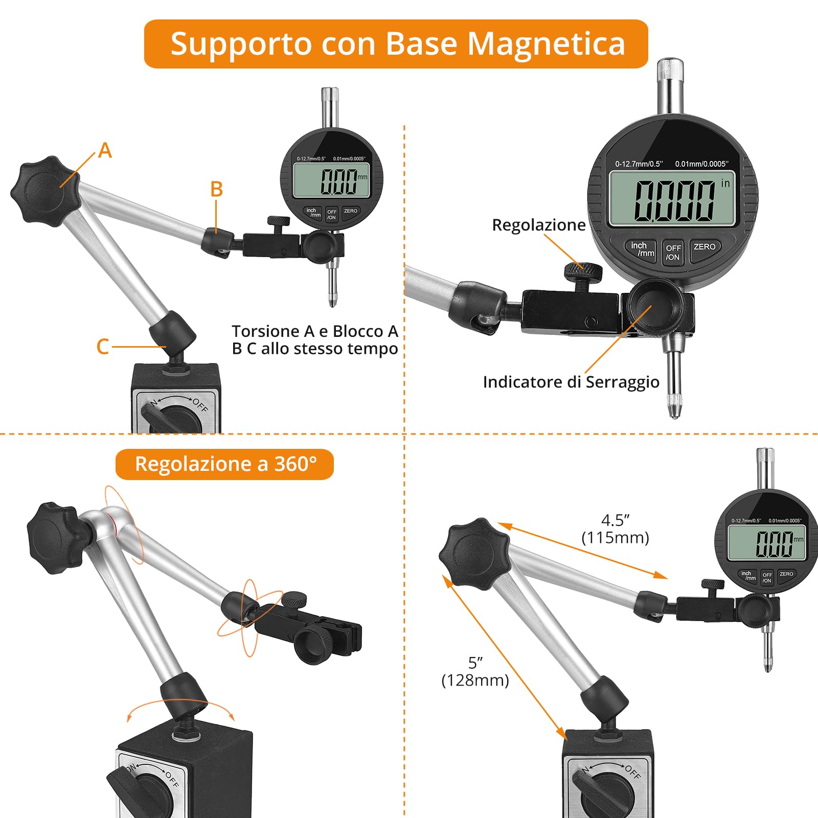 Neoteck Comparatore Digitale Centesimale 0-12.7mm Con Base Magnetica - Display LCD, Unità Metrica/Pollici - Per Misurazioni Di Precisione - Foto 5