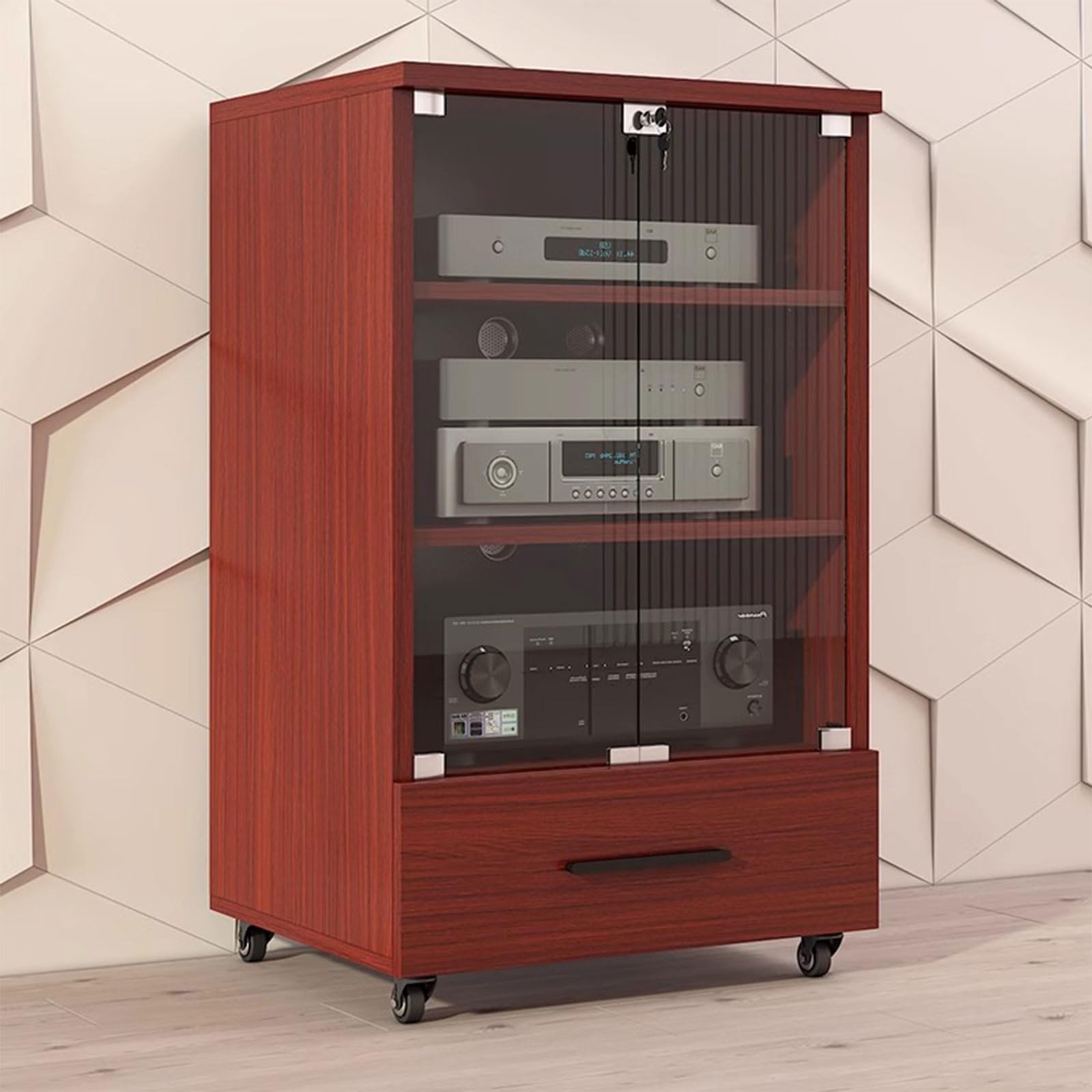 Support de console multimédia en bois massif avec porte en verre, support audio et vidéo sur roulettes, tiroirs de rangement pour salon, chambre à coucher, bureau – Armoire de lecteur de disques